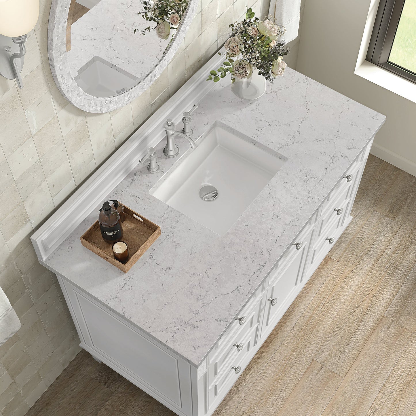 
                  
                    Lorelai 48" Single Vanity in Bright White James Martin Vanities Eternal Jasmine Pearl Silestone 
                  
                