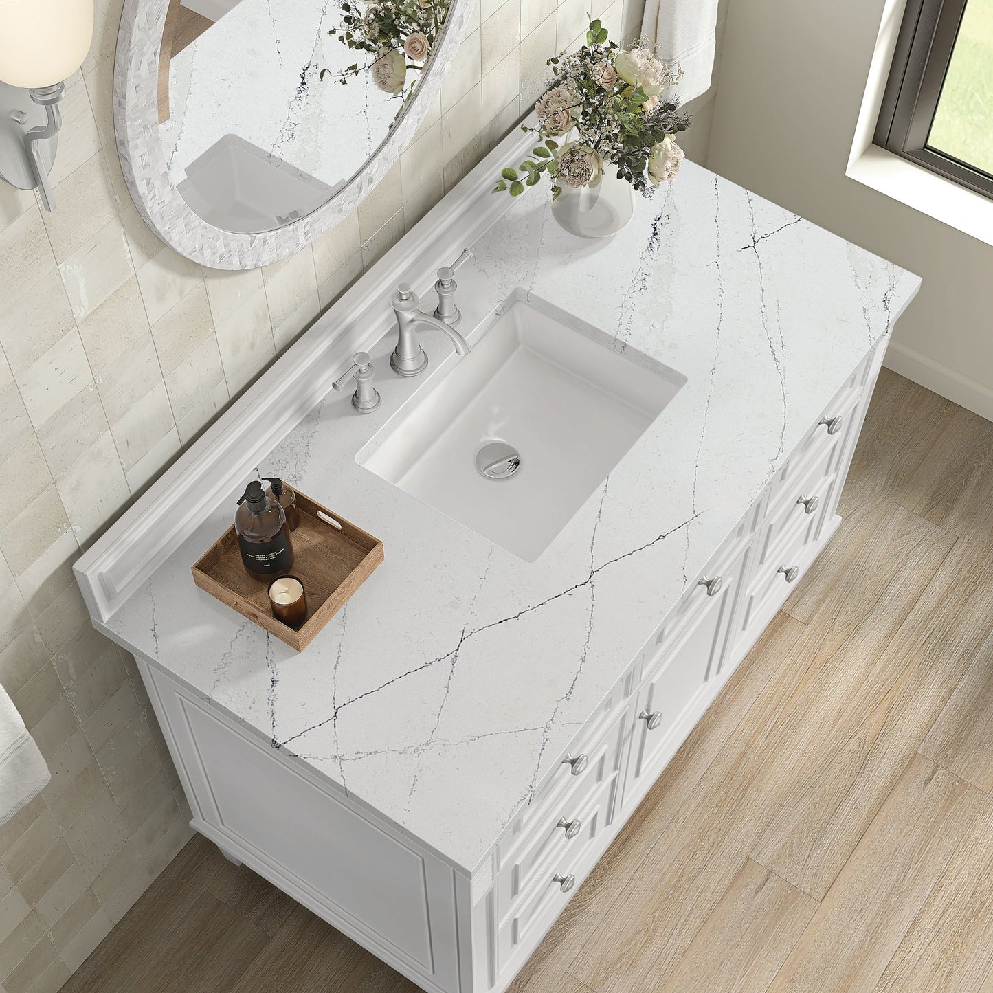 
                  
                    Lorelai 48" Single Vanity in Bright White James Martin Vanities Ethereal Noctis Silestone 
                  
                