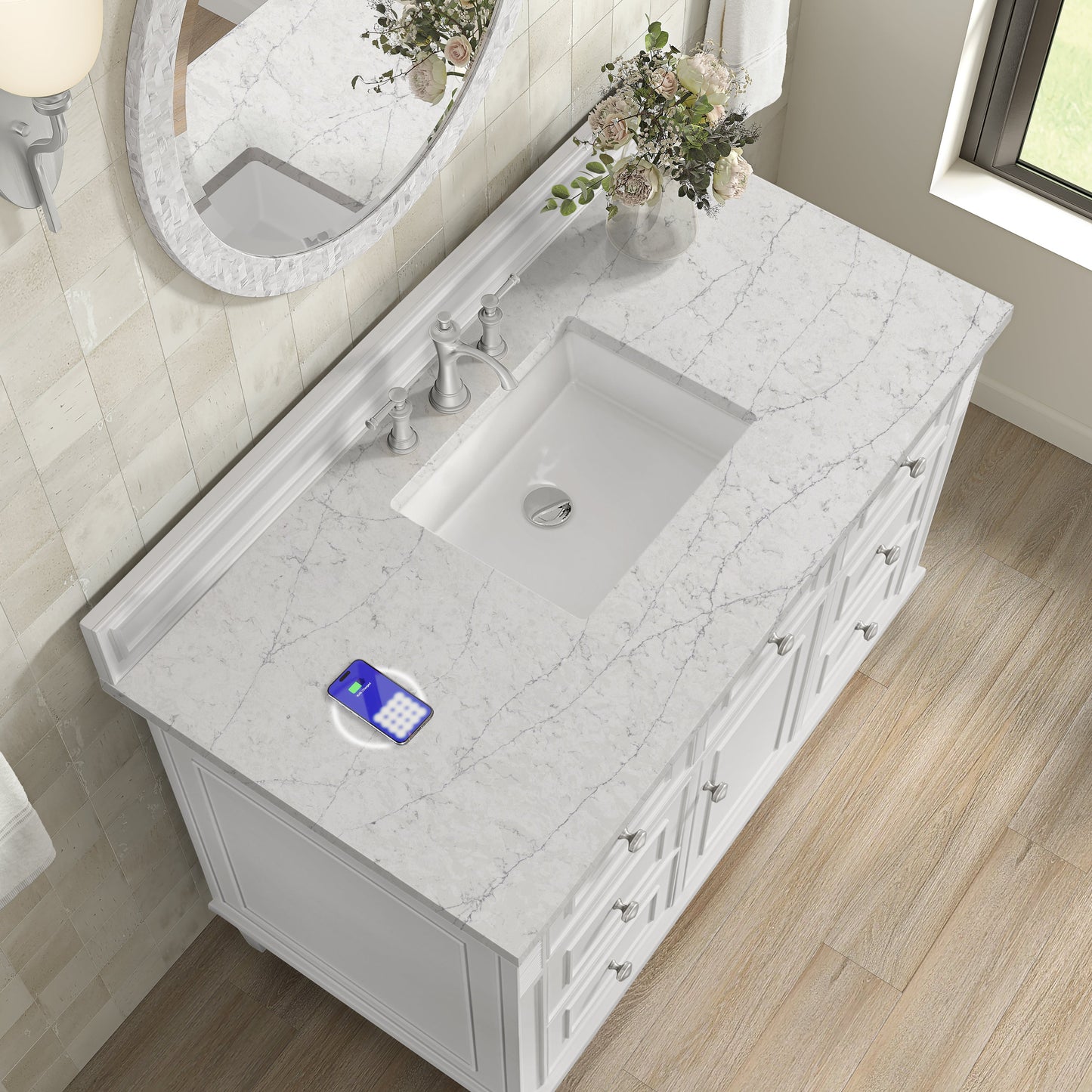 
                  
                    Lorelai 48" Single Vanity in Bright White James Martin Vanities FreePower-Enabled Eternal Jasmine Pearl Silestone 
                  
                