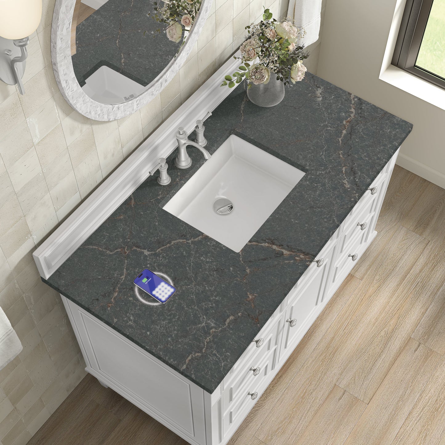 
                  
                    Lorelai 48" Single Vanity in Bright White James Martin Vanities FreePower-Enabled Parisien Bleu Silestone 
                  
                