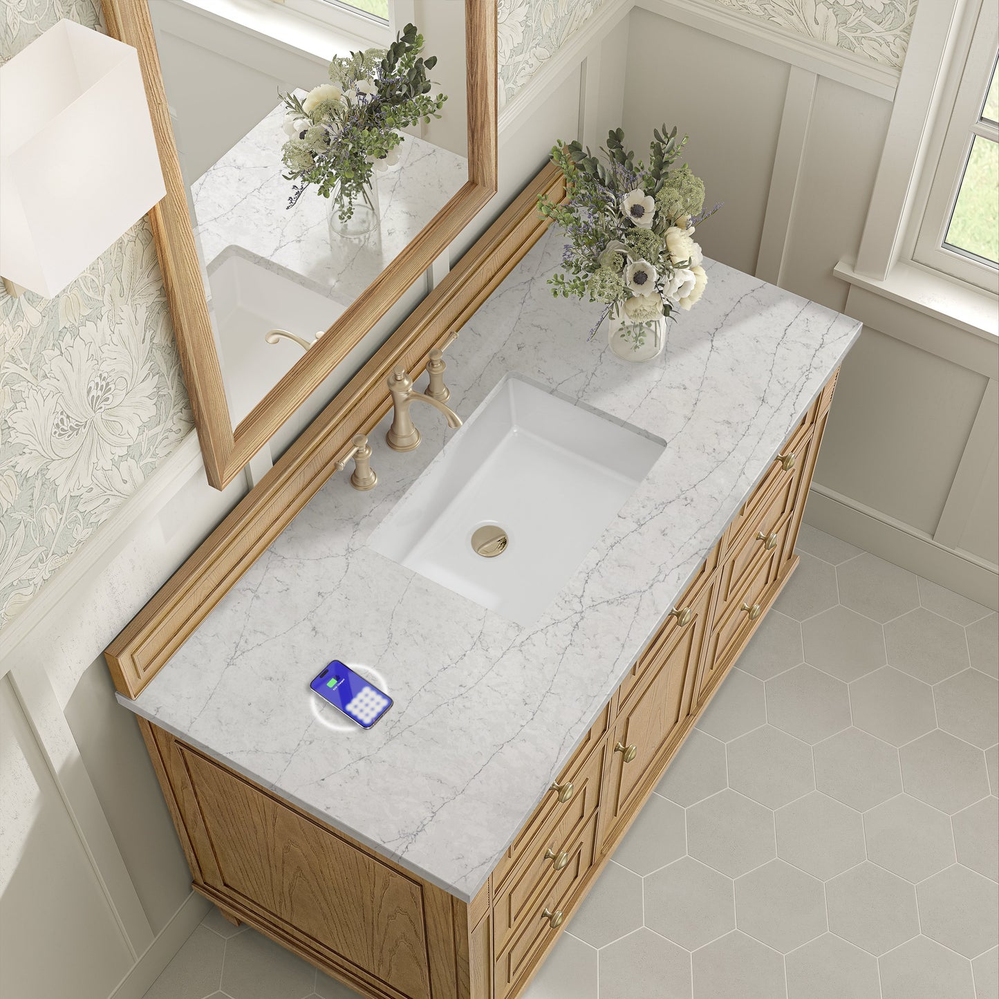 
                  
                    Lorelai 48" Single Vanity in Light Natural Oak James Martin Vanities FreePower-Enabled Eternal Jasmine Pearl Silestone 
                  
                