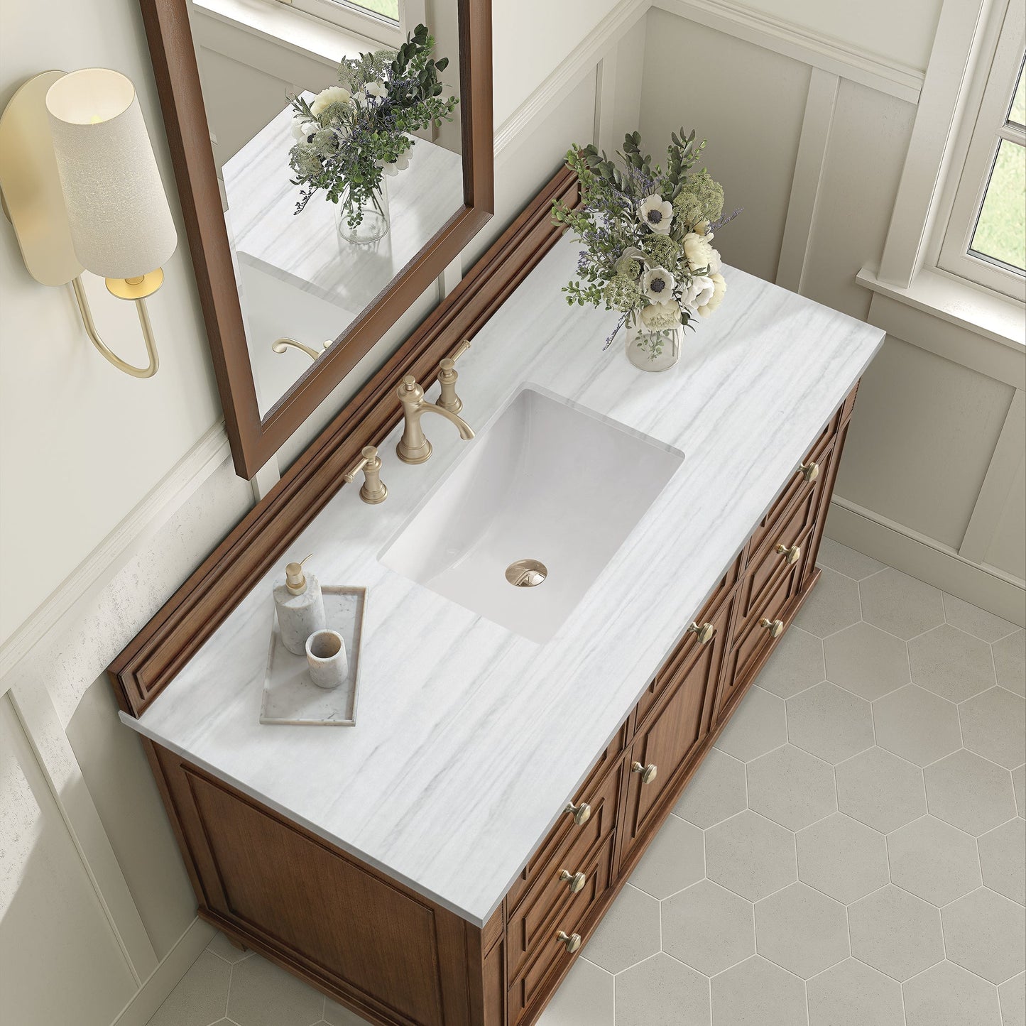
                  
                    Lorelai 48" Single Vanity in Mid-Century Walnut James Martin Vanities Arctic Fall solid surface 
                  
                