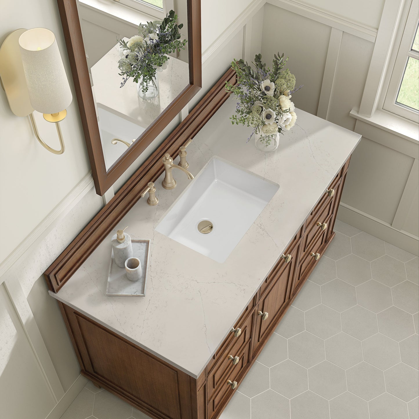 
                  
                    Lorelai 48" Single Vanity in Mid-Century Walnut James Martin Vanities Siberian Silestone 
                  
                