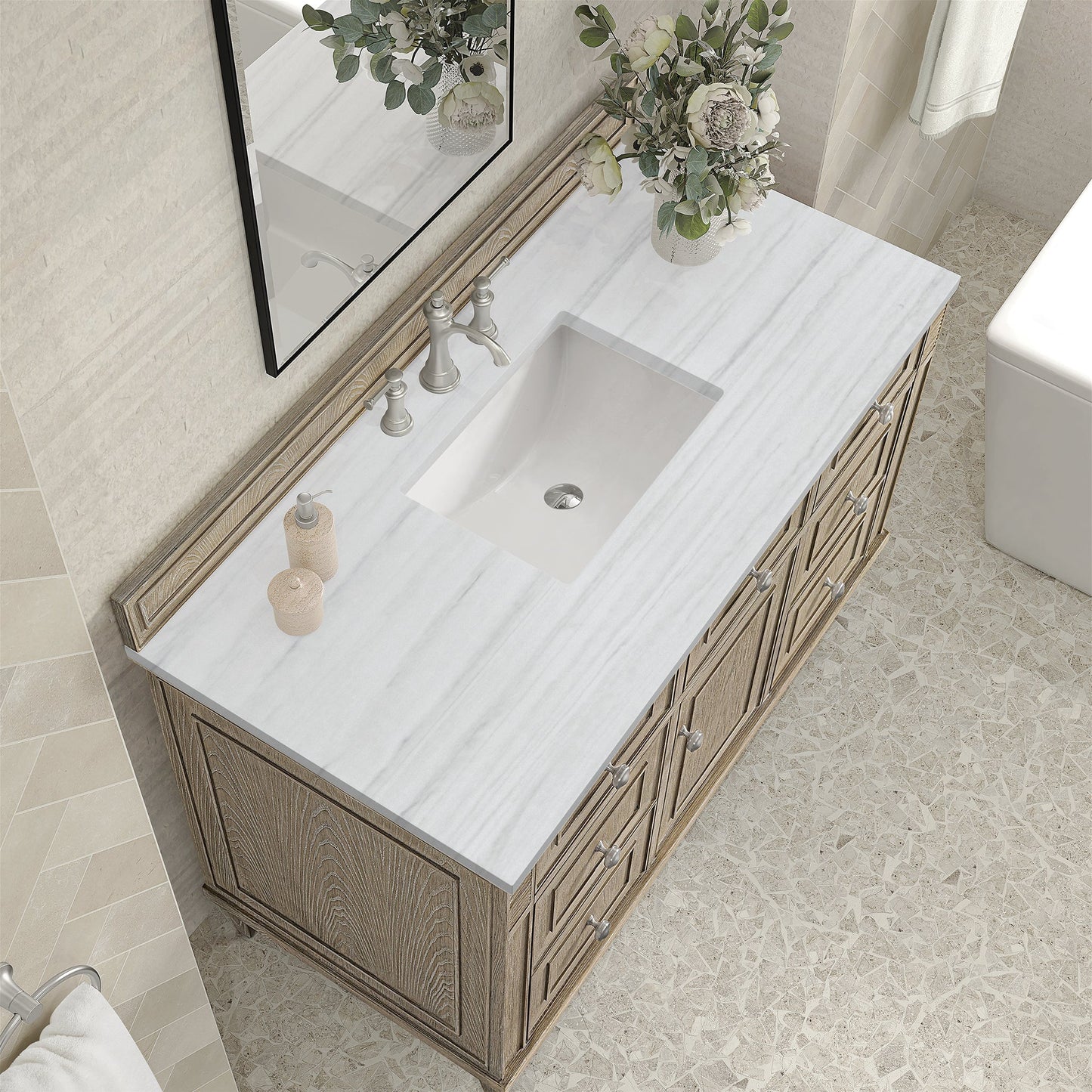 
                  
                    Lorelai 48" Single Vanity in Whitewashed Oak James Martin Vanities Arctic Fall solid surface 
                  
                