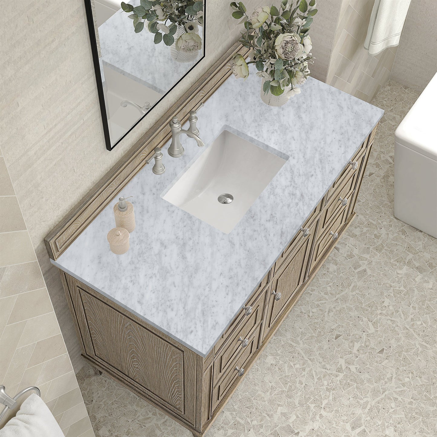 
                  
                    Lorelai 48" Single Vanity in Whitewashed Oak James Martin Vanities Carrara White Marble 
                  
                