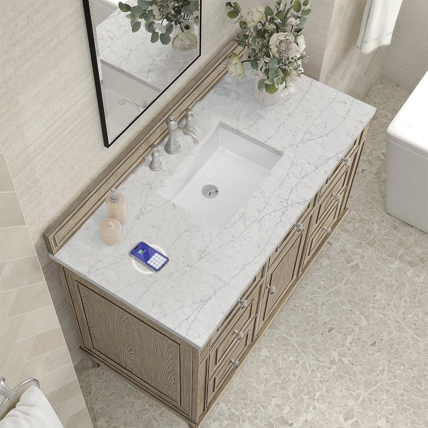 
                  
                    Lorelai 48" Single Vanity in Whitewashed Oak James Martin Vanities FreePower-Enabled Eternal Jasmine Pearl Silestone 
                  
                