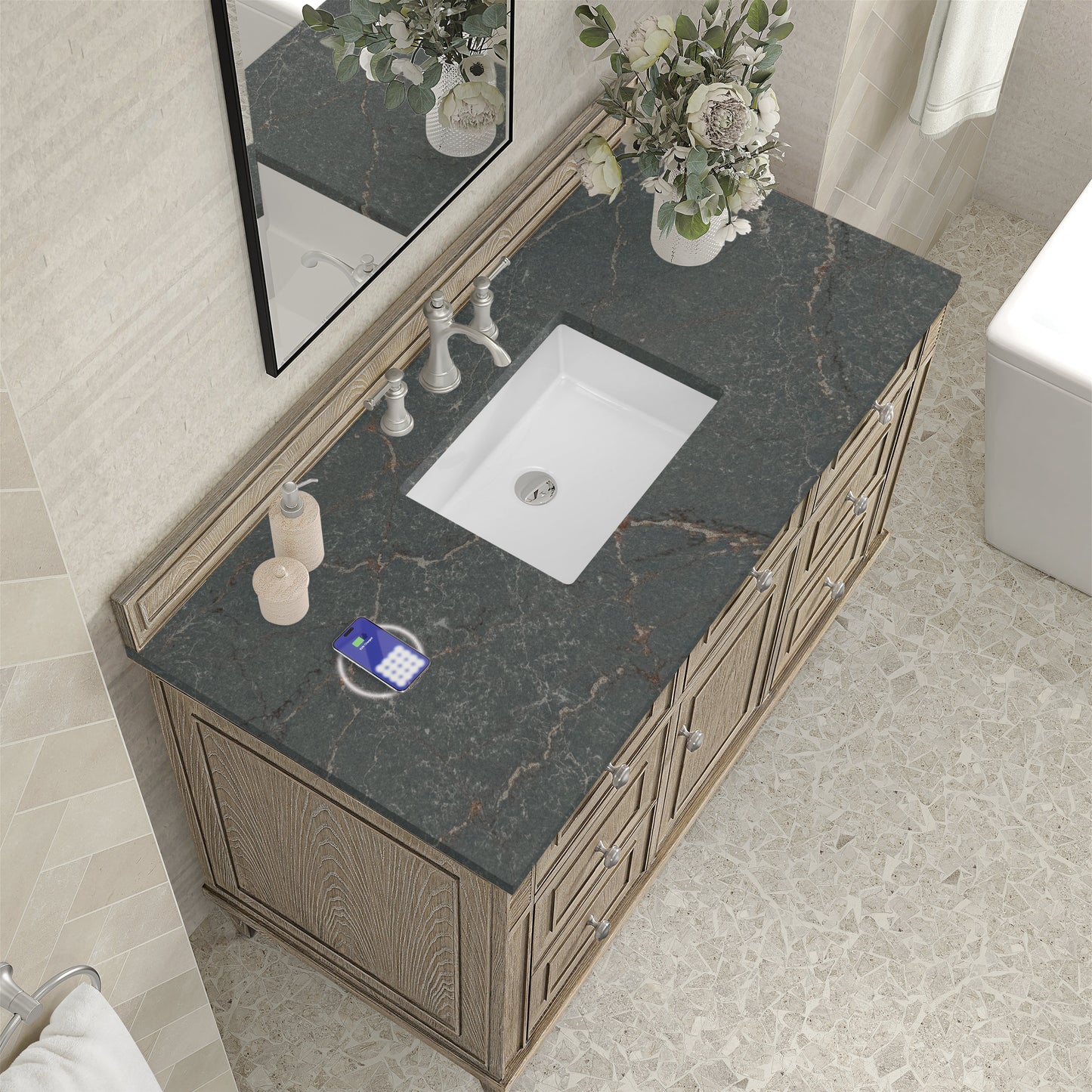 
                  
                    Lorelai 48" Single Vanity in Whitewashed Oak James Martin Vanities FreePower-Enabled Parisien Bleu Silestone 
                  
                