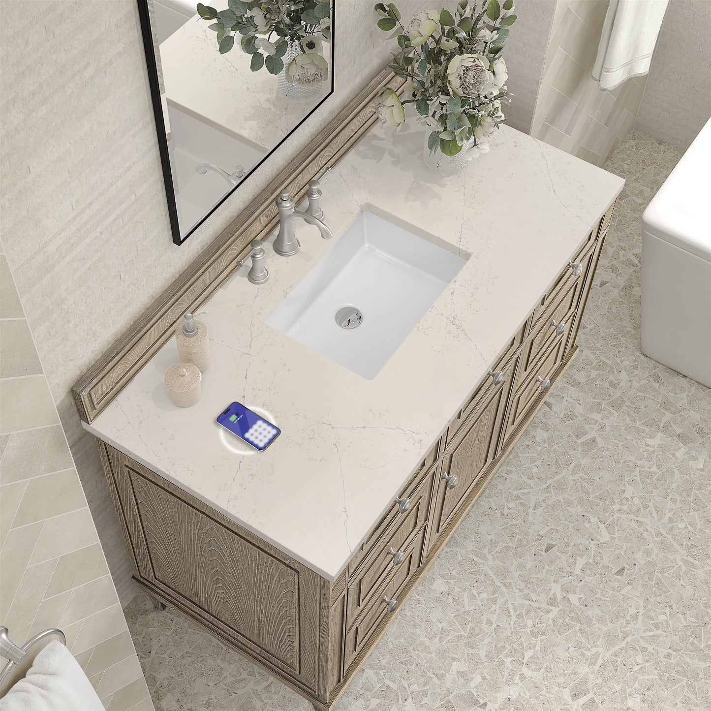 
                  
                    Lorelai 48" Single Vanity in Whitewashed Oak James Martin Vanities FreePower-Enabled Siberian Silestone 
                  
                