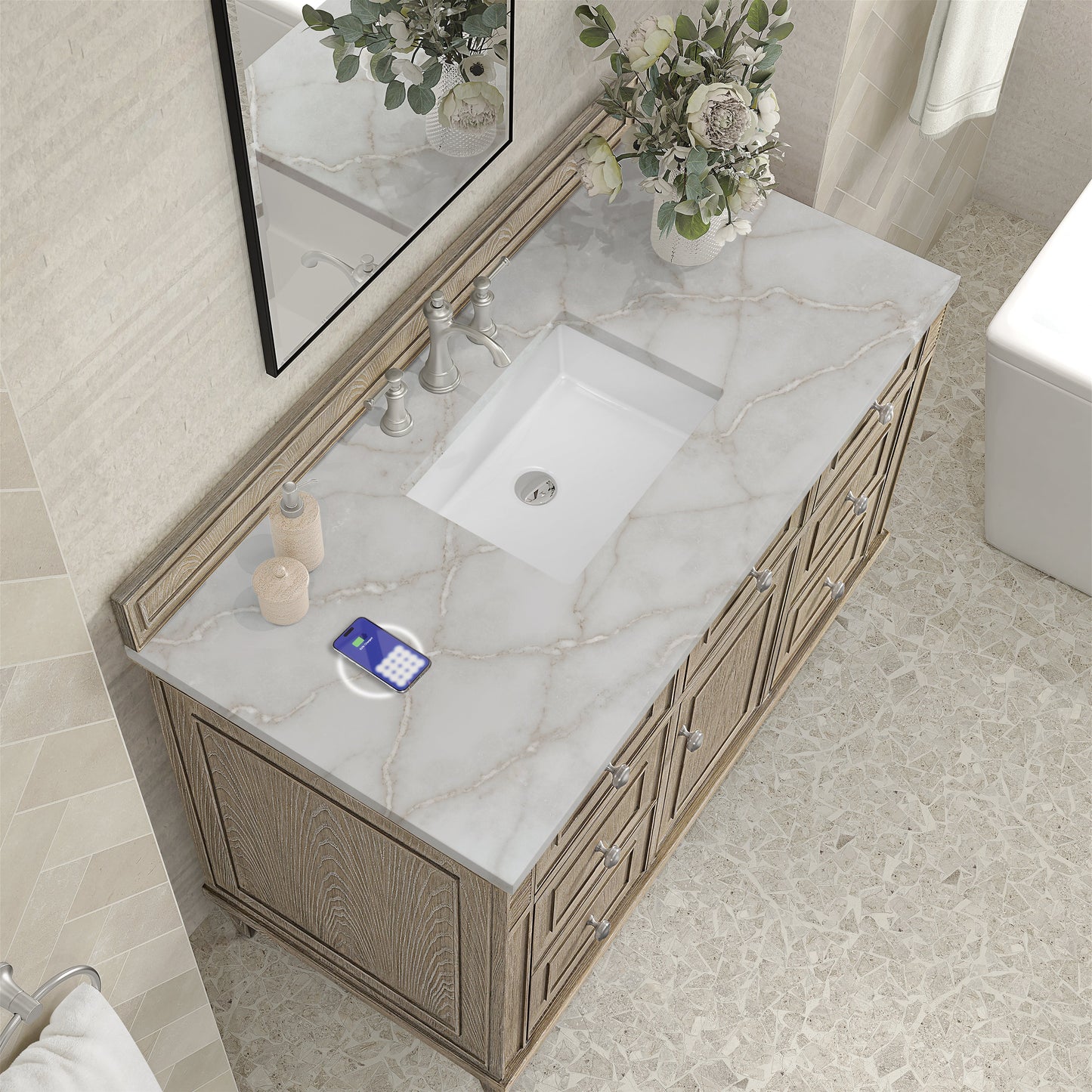 
                  
                    Lorelai 48" Single Vanity in Whitewashed Oak James Martin Vanities FreePower-Enabled Victorian Silver Silestone 
                  
                