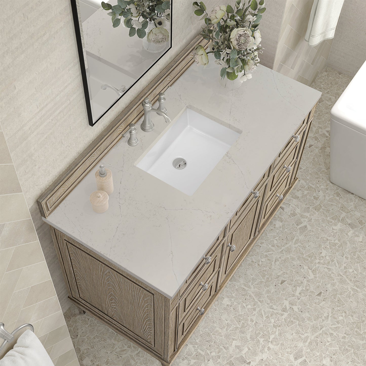 
                  
                    Lorelai 48" Single Vanity in Whitewashed Oak James Martin Vanities Siberian Silestone 
                  
                