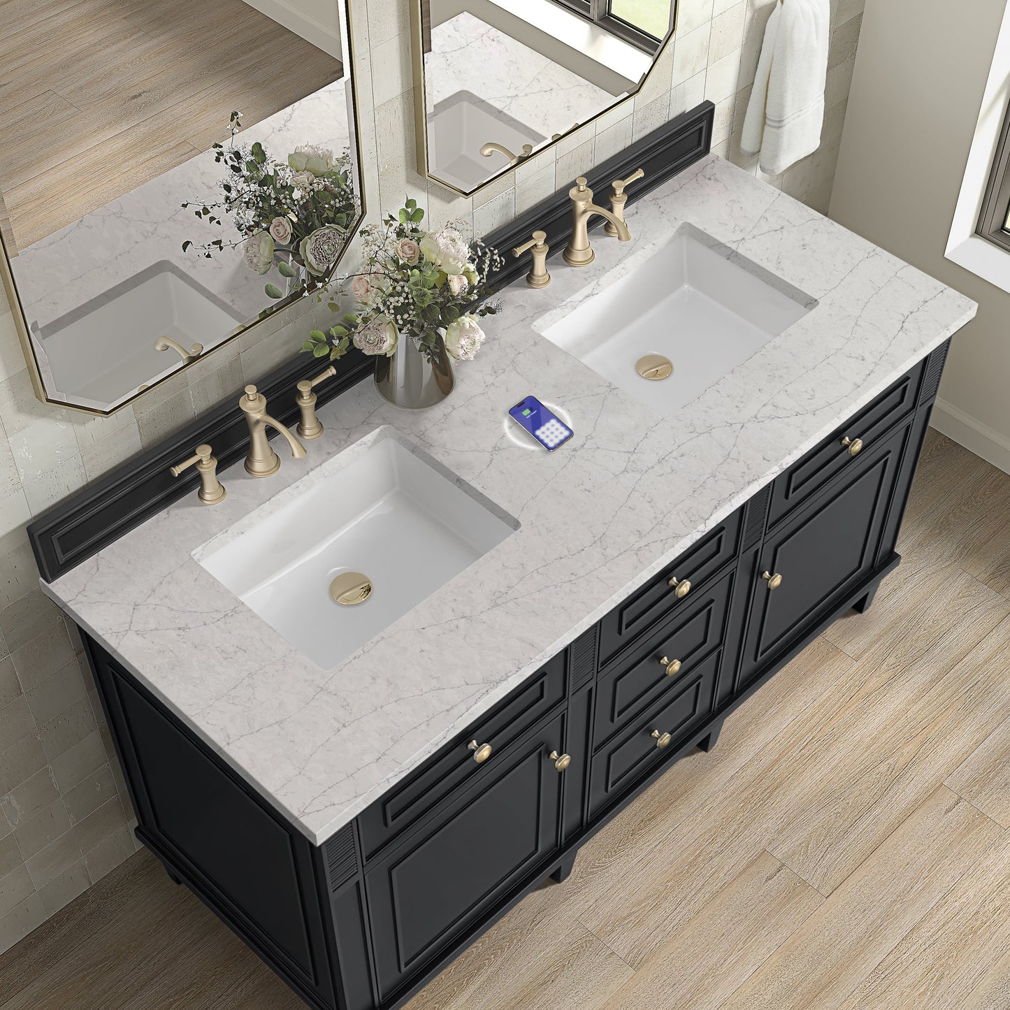 
                  
                    Lorelai 60" Double Vanity in Black Onyx James Martin Vanities FreePower-Enabled Eternal Jasmine Pearl Silestone 
                  
                