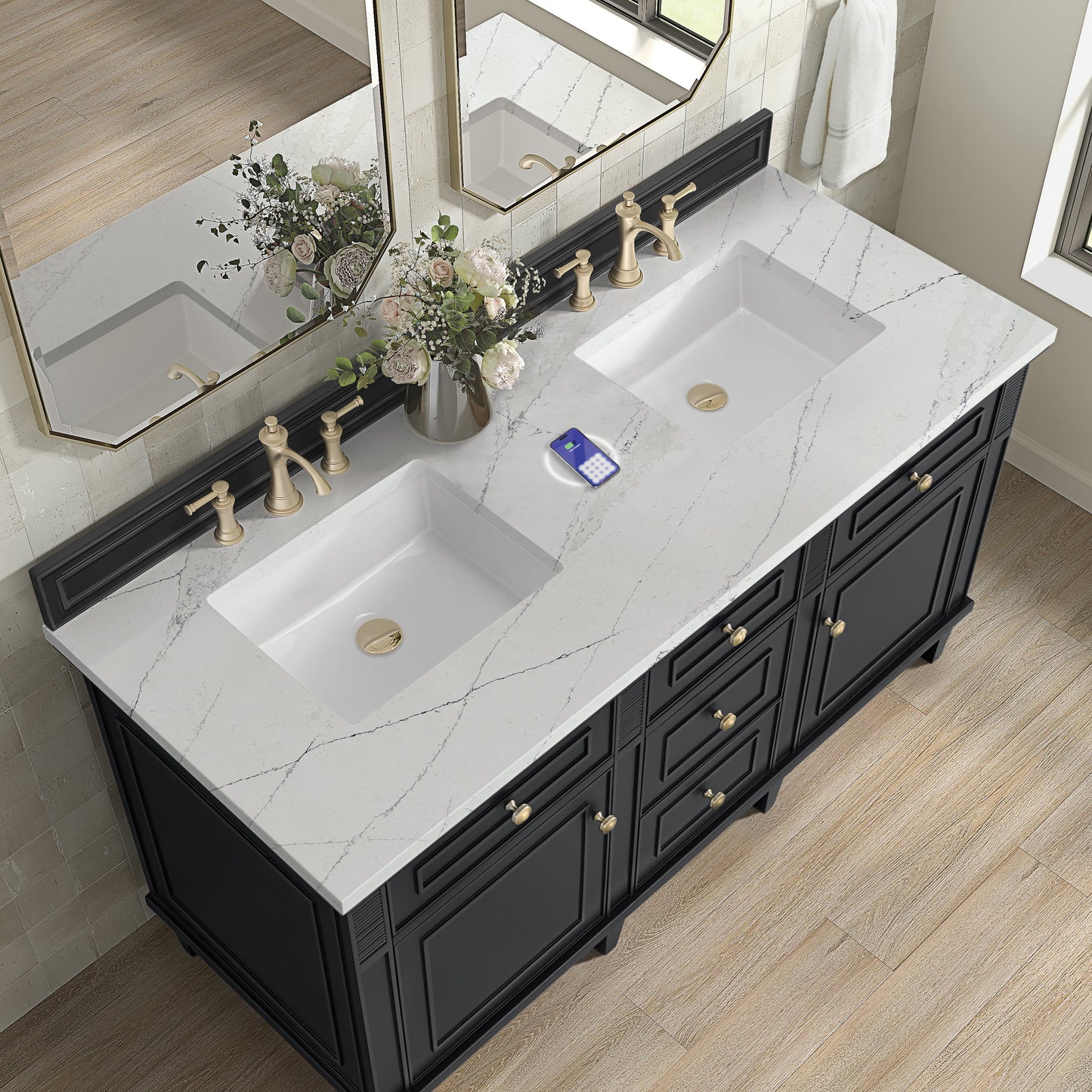 
                  
                    Lorelai 60" Double Vanity in Black Onyx James Martin Vanities FreePower-Enabled Ethereal Noctis Silestone 
                  
                