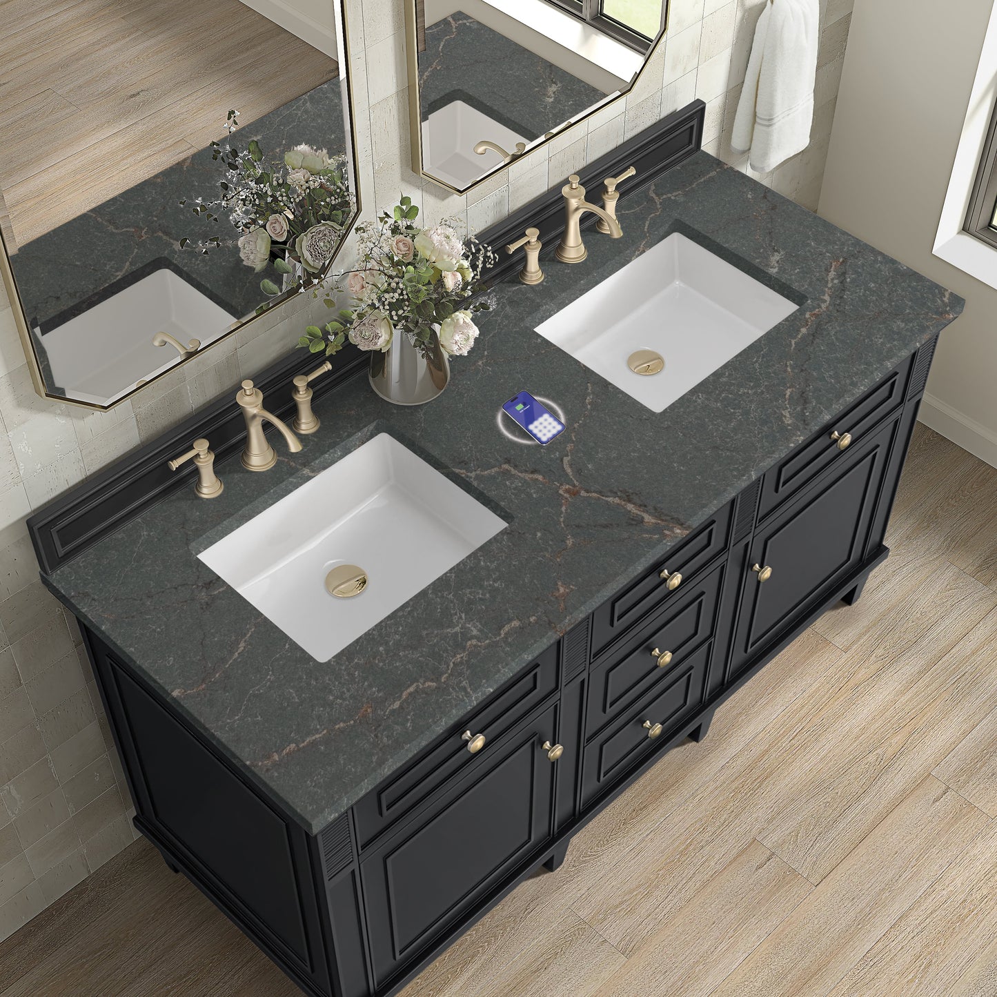 
                  
                    Lorelai 60" Double Vanity in Black Onyx James Martin Vanities FreePower-Enabled Parisien Bleu Silestone 
                  
                