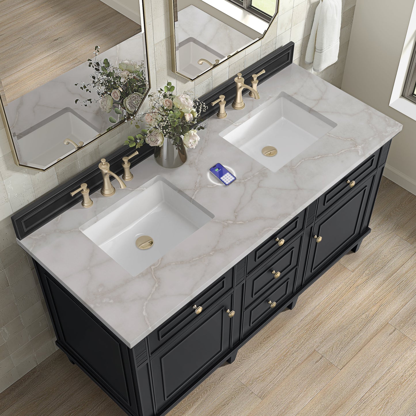 
                  
                    Lorelai 60" Double Vanity in Black Onyx James Martin Vanities FreePower-Enabled Victorian Silver Silestone 
                  
                