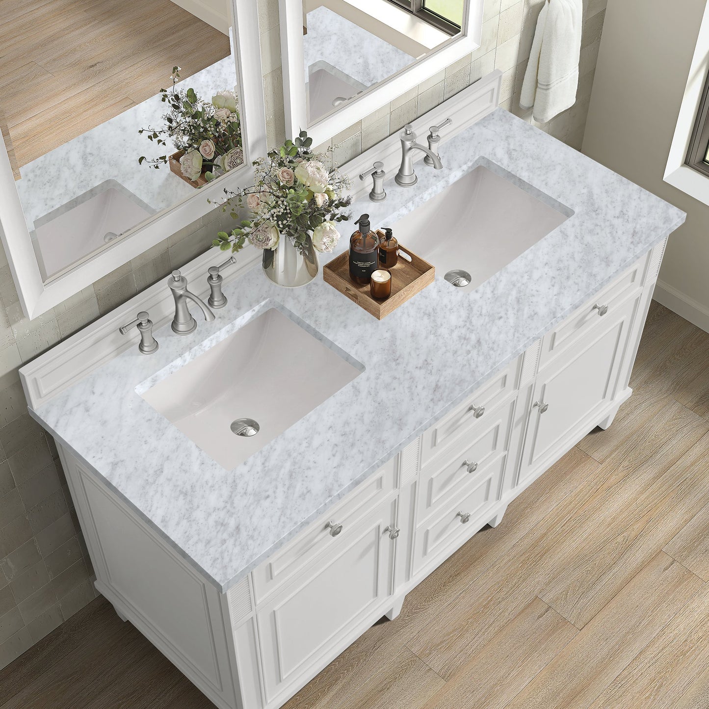 
                  
                    Lorelai 60" Double Vanity in Bright White James Martin Vanities Carrara White Marble 
                  
                