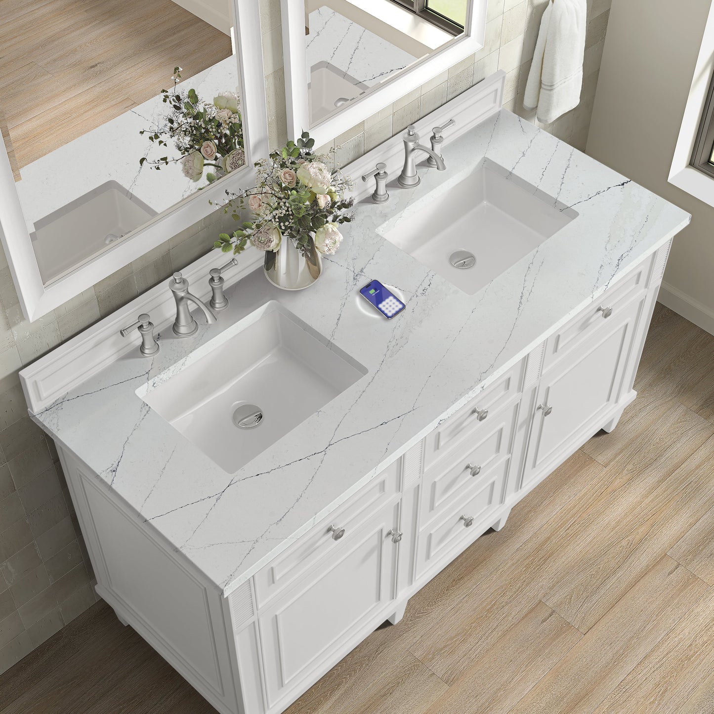 
                  
                    Lorelai 60" Double Vanity in Bright White James Martin Vanities FreePower-Enabled Ethereal Noctis Silestone 
                  
                
