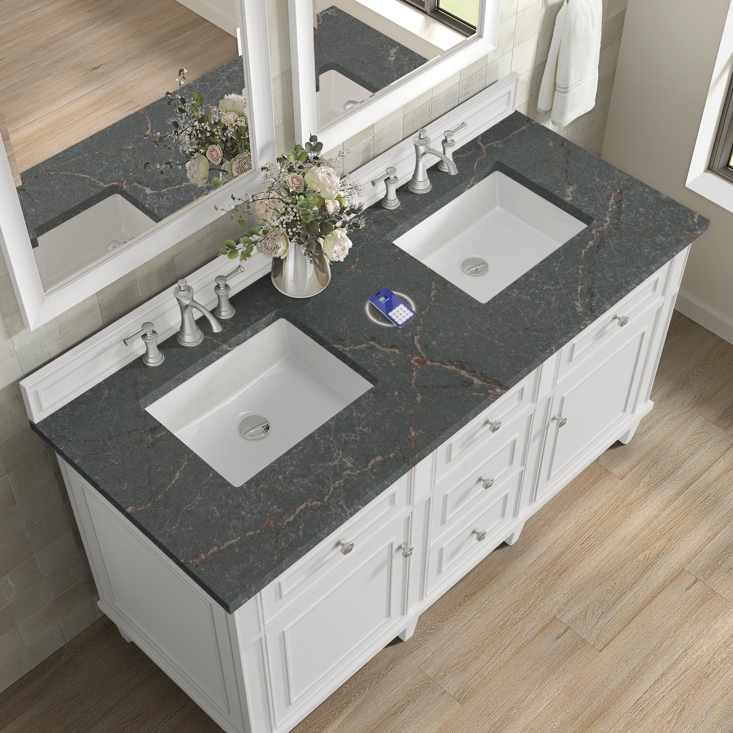 
                  
                    Lorelai 60" Double Vanity in Bright White James Martin Vanities FreePower-Enabled Parisien Bleu Silestone 
                  
                