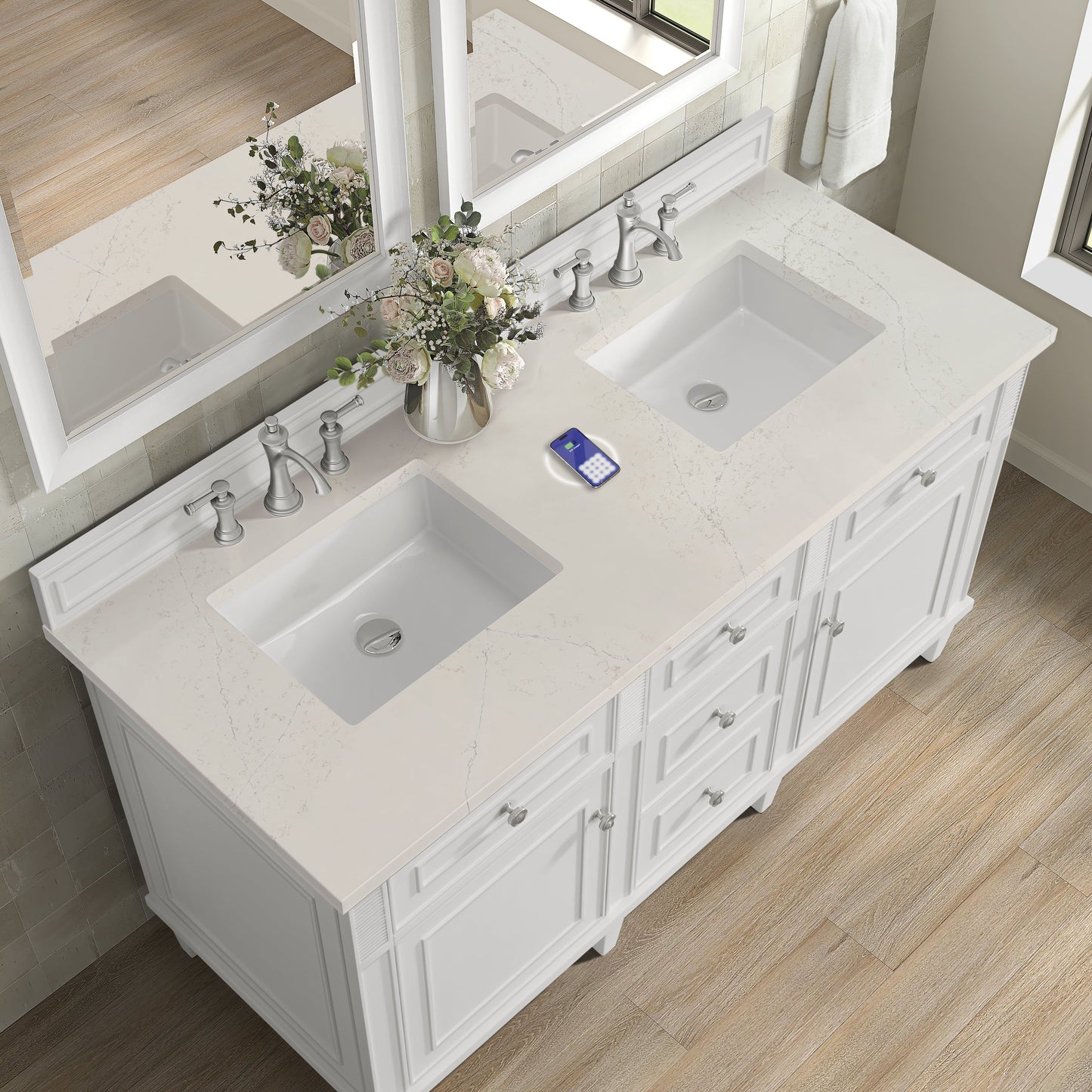 
                  
                    Lorelai 60" Double Vanity in Bright White James Martin Vanities FreePower-Enabled Siberian Silestone 
                  
                