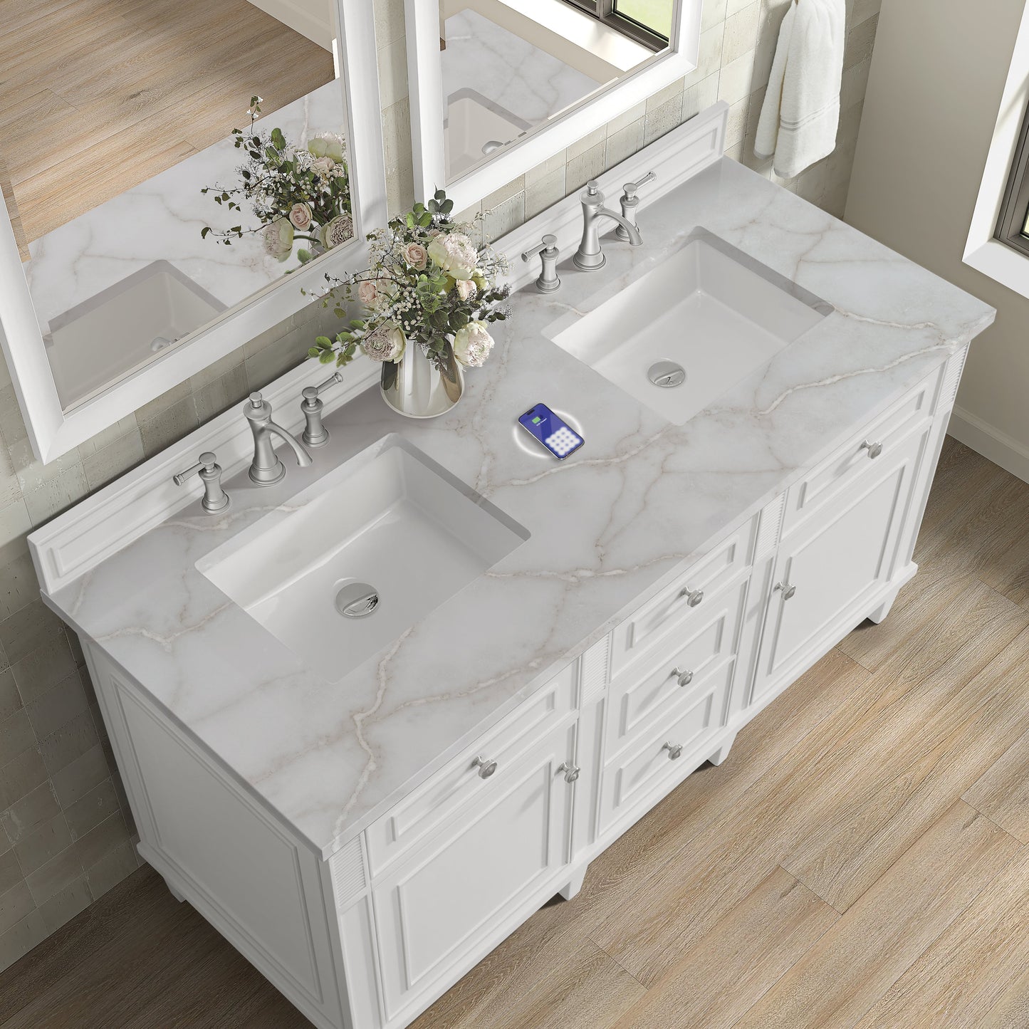 
                  
                    Lorelai 60" Double Vanity in Bright White James Martin Vanities FreePower-Enabled Victorian Silver Silestone 
                  
                
