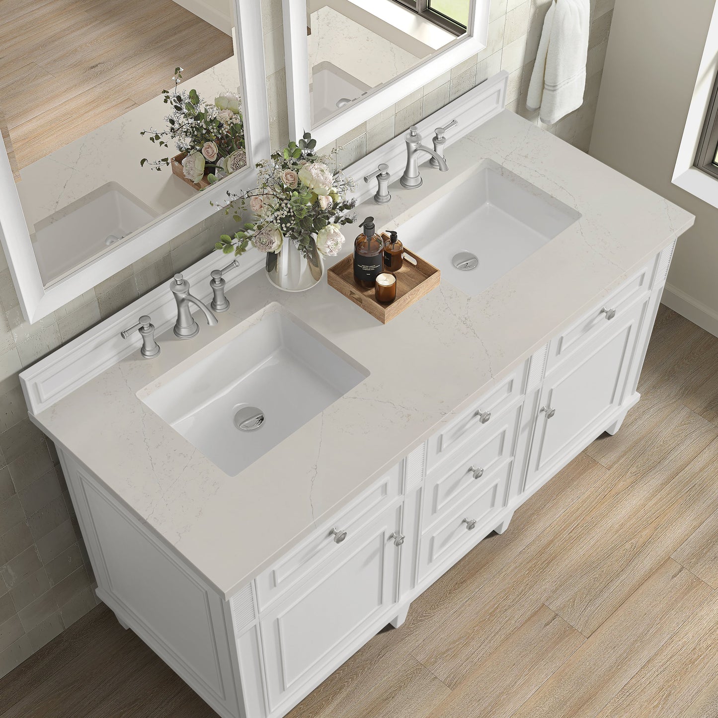 
                  
                    Lorelai 60" Double Vanity in Bright White James Martin Vanities Siberian Silestone 
                  
                