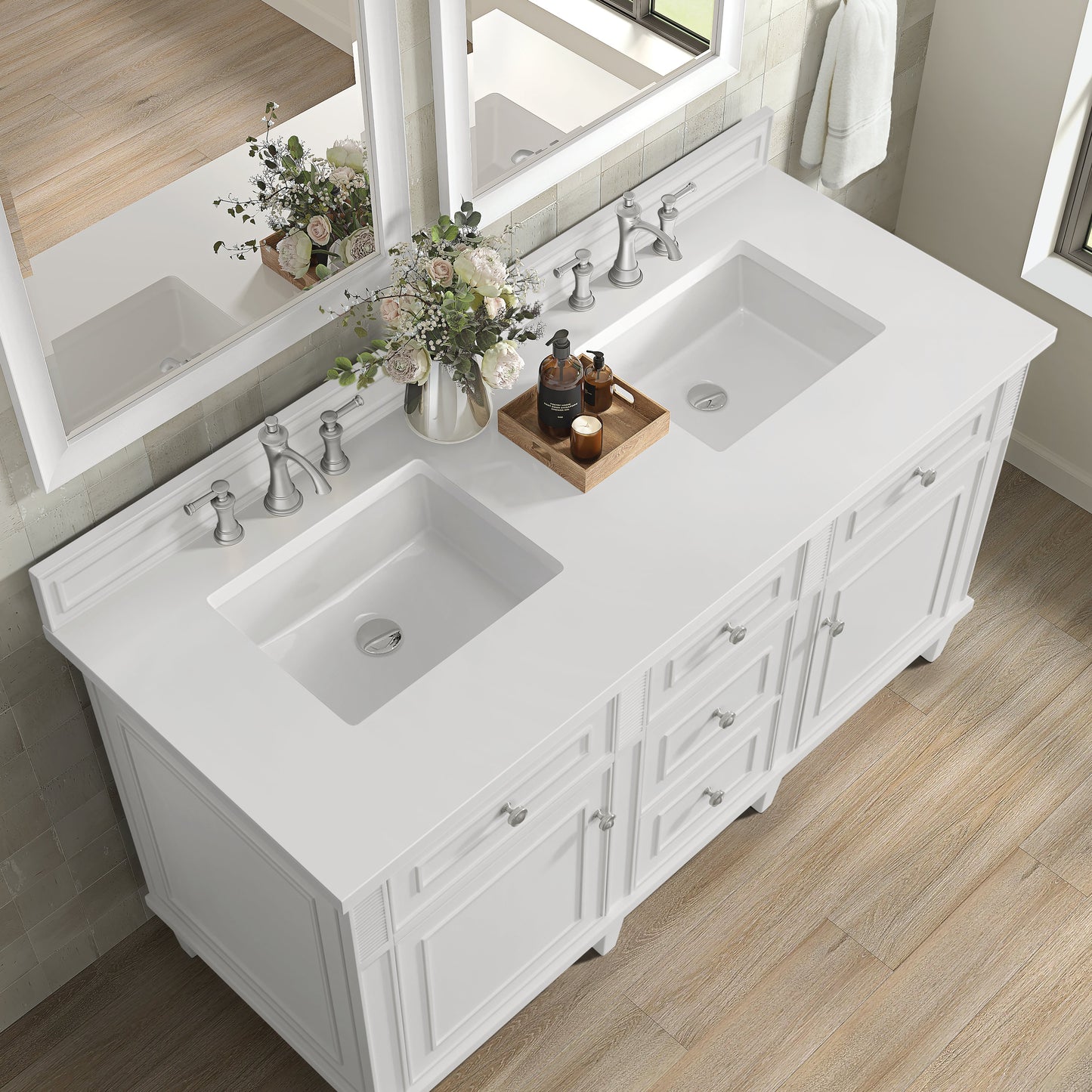 
                  
                    Lorelai 60" Double Vanity in Bright White James Martin Vanities White Zeus Silestone 
                  
                