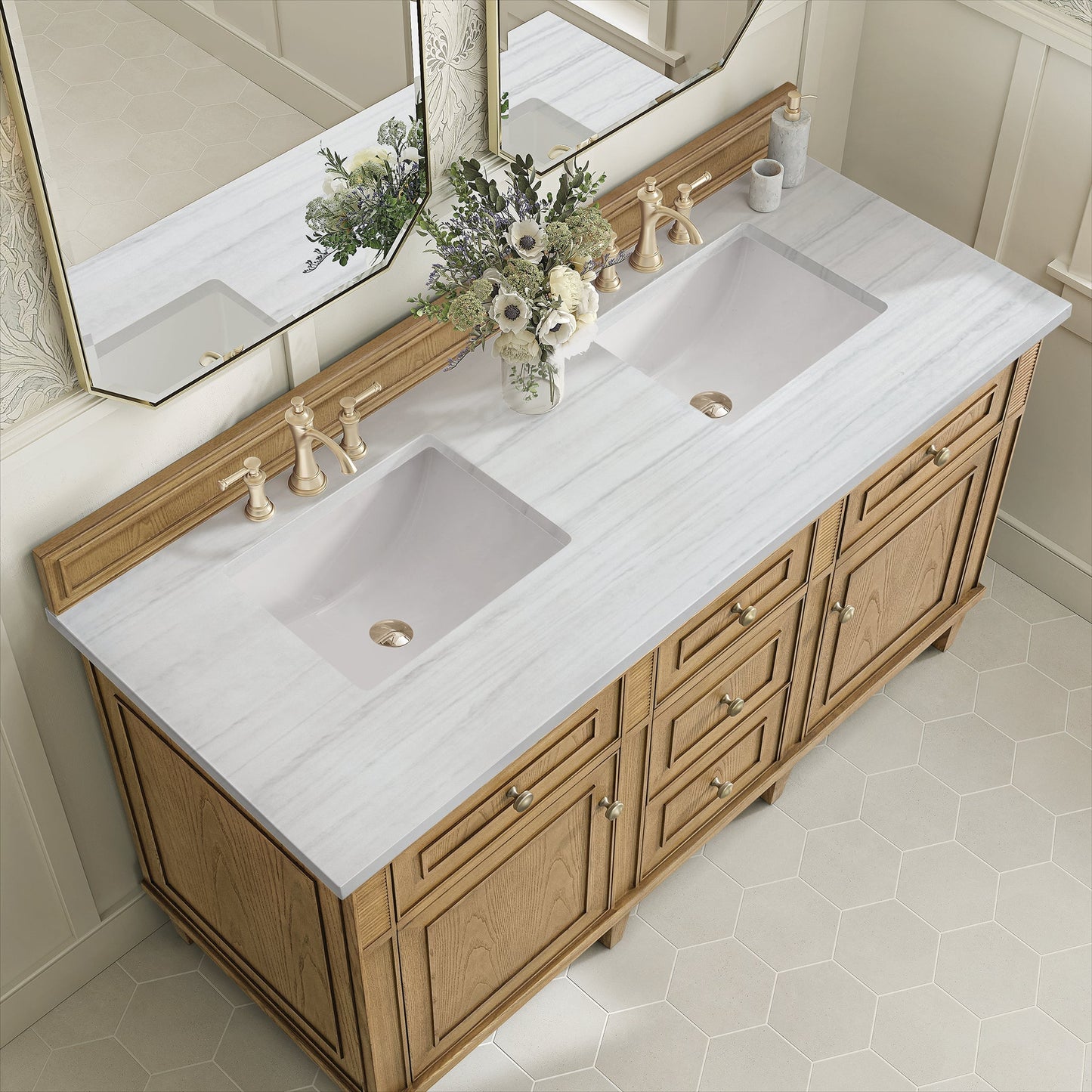 
                  
                    Lorelai 60" Double Vanity in Light Natural Oak James Martin Vanities Arctic Fall solid surface 
                  
                