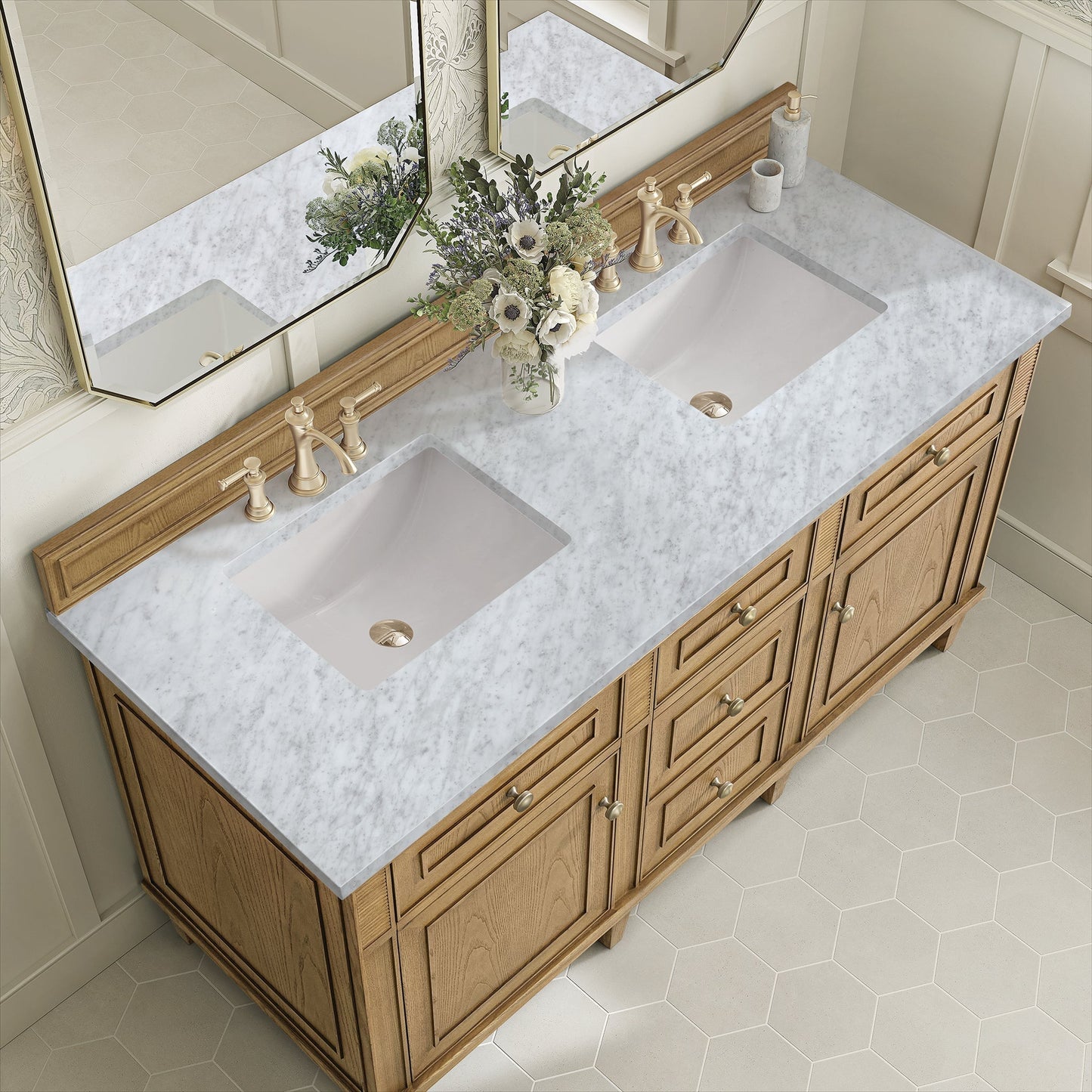 
                  
                    Lorelai 60" Double Vanity in Light Natural Oak James Martin Vanities Carrara White Marble 
                  
                