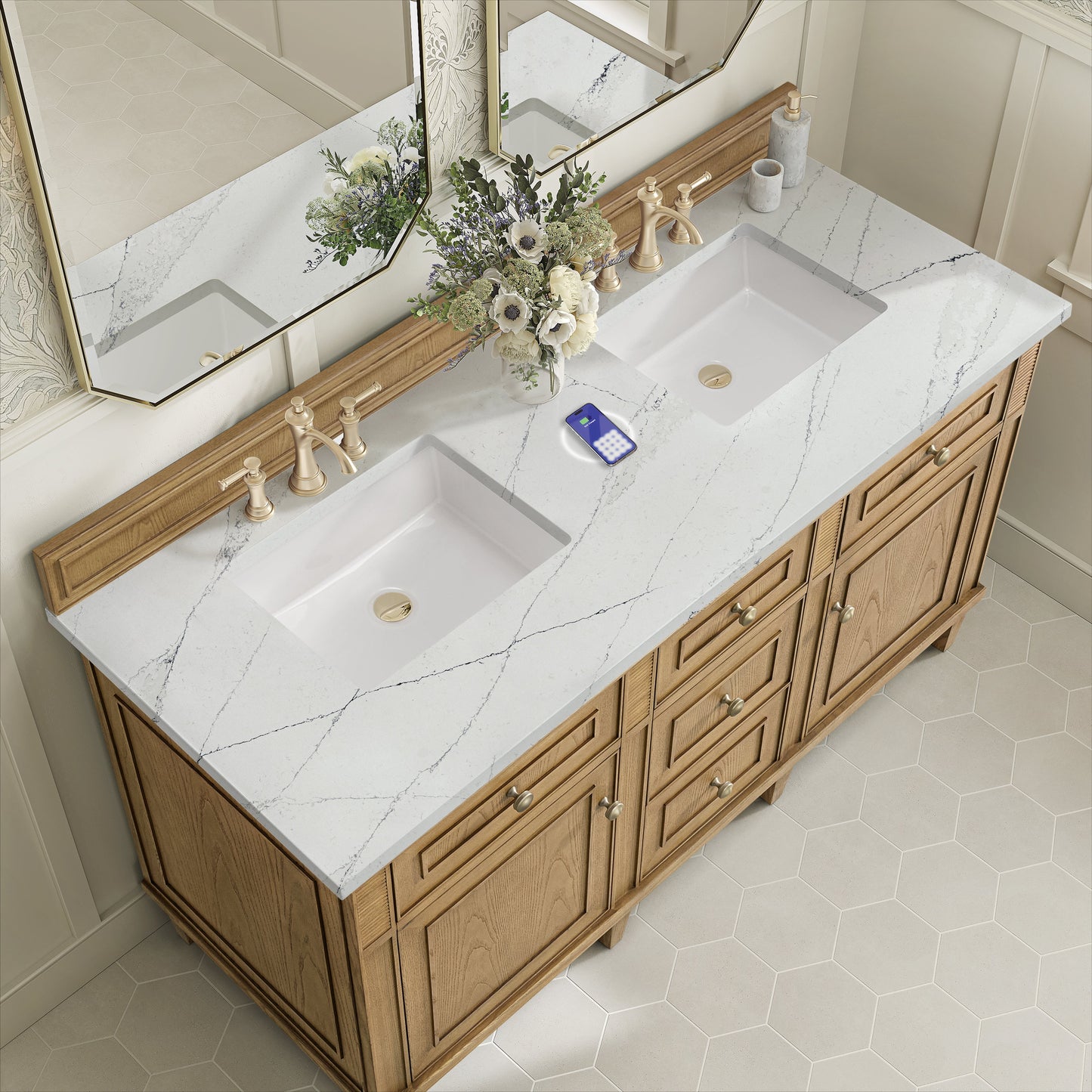 
                  
                    Lorelai 60" Double Vanity in Light Natural Oak James Martin Vanities FreePower-Enabled Ethereal Noctis Silestone 
                  
                