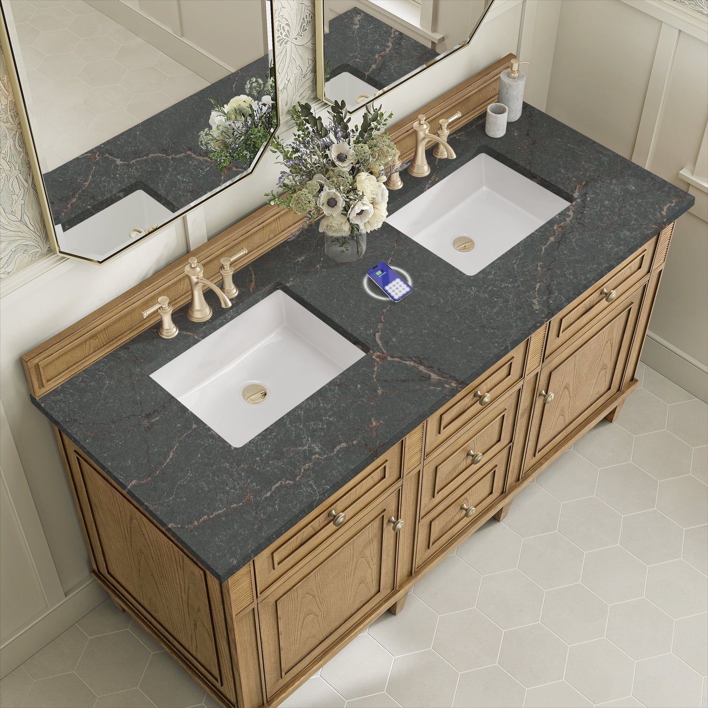 
                  
                    Lorelai 60" Double Vanity in Light Natural Oak James Martin Vanities FreePower-Enabled Parisien Bleu Silestone 
                  
                