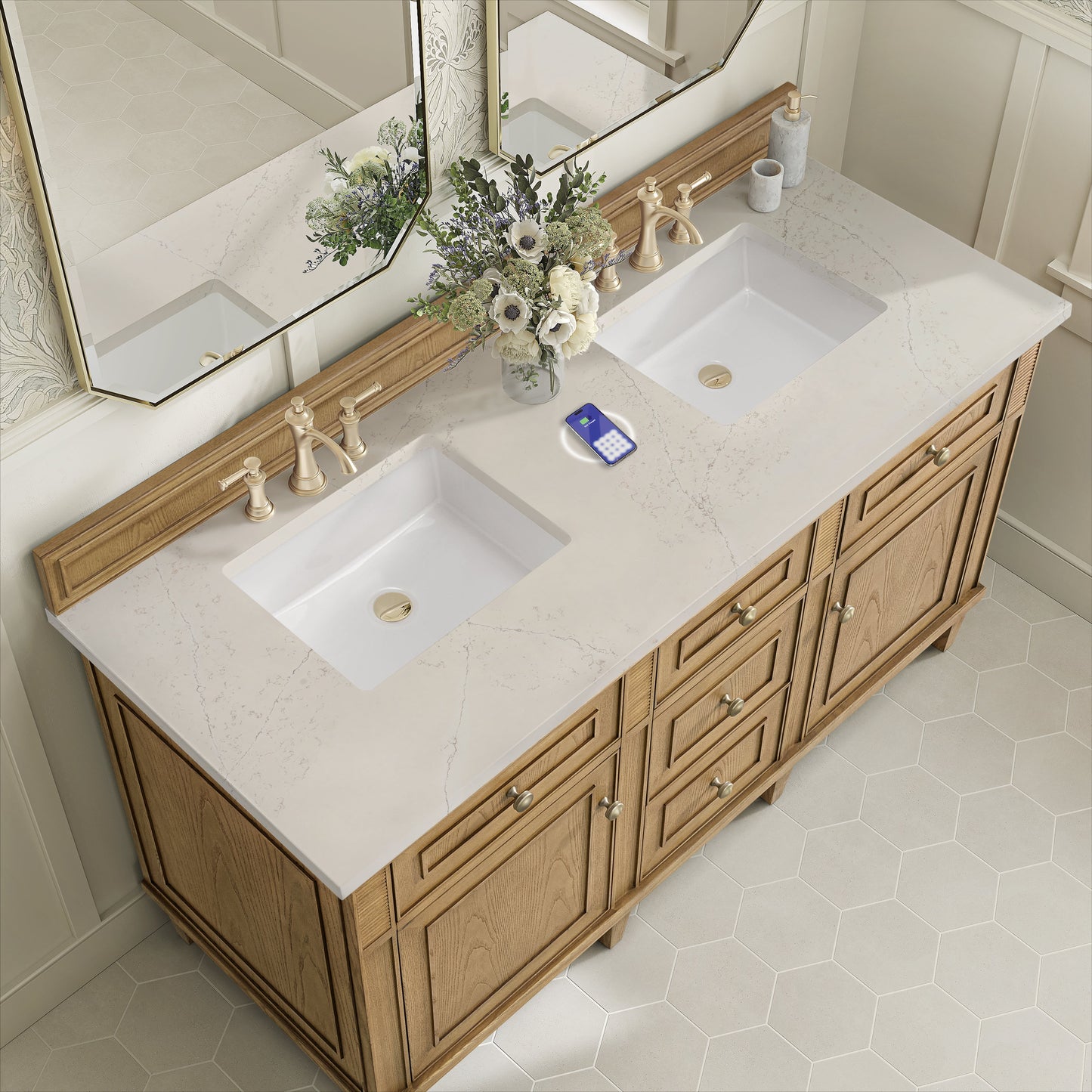 
                  
                    Lorelai 60" Double Vanity in Light Natural Oak James Martin Vanities FreePower-Enabled Siberian Silestone 
                  
                