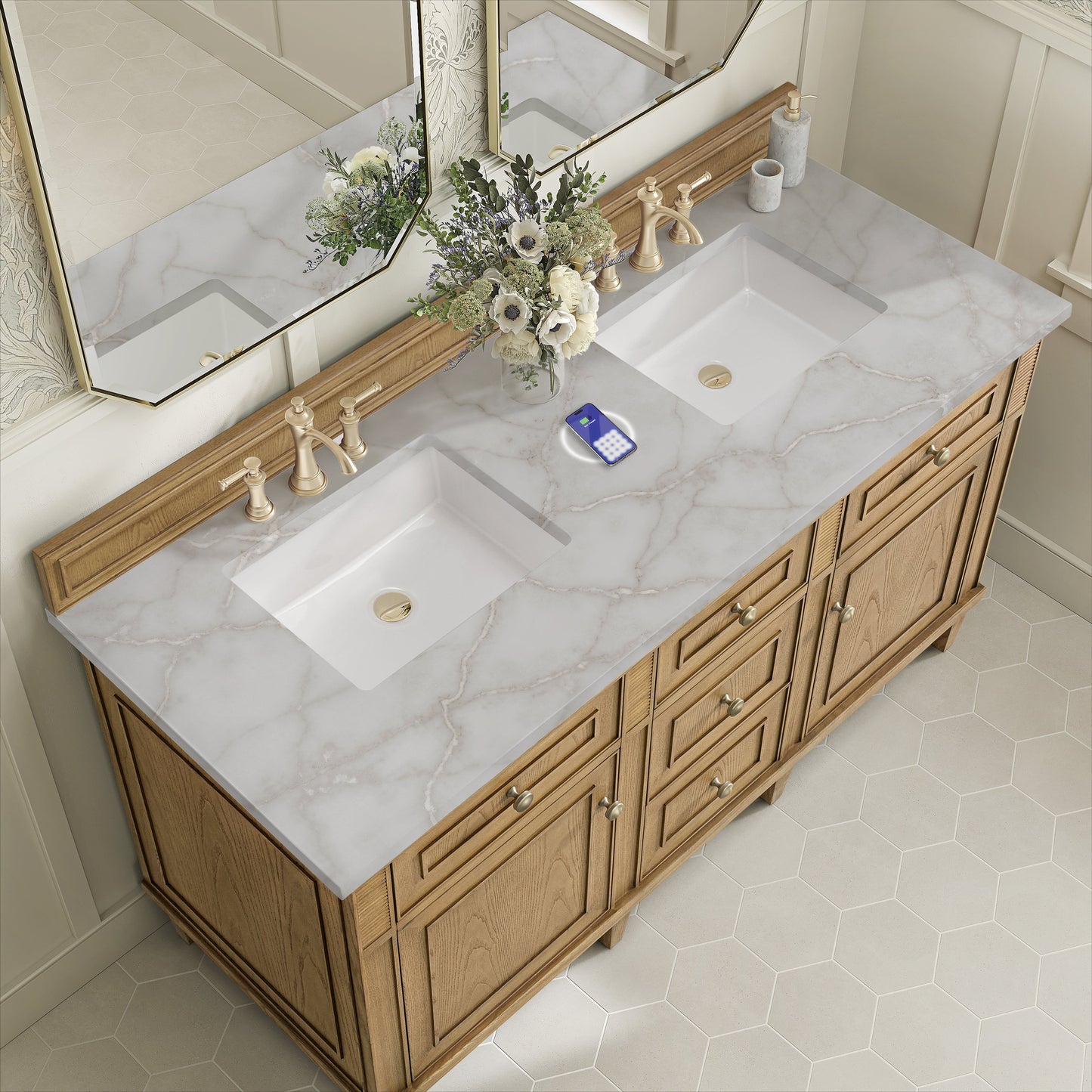 
                  
                    Lorelai 60" Double Vanity in Light Natural Oak James Martin Vanities FreePower-Enabled Victorian Silver Silestone 
                  
                