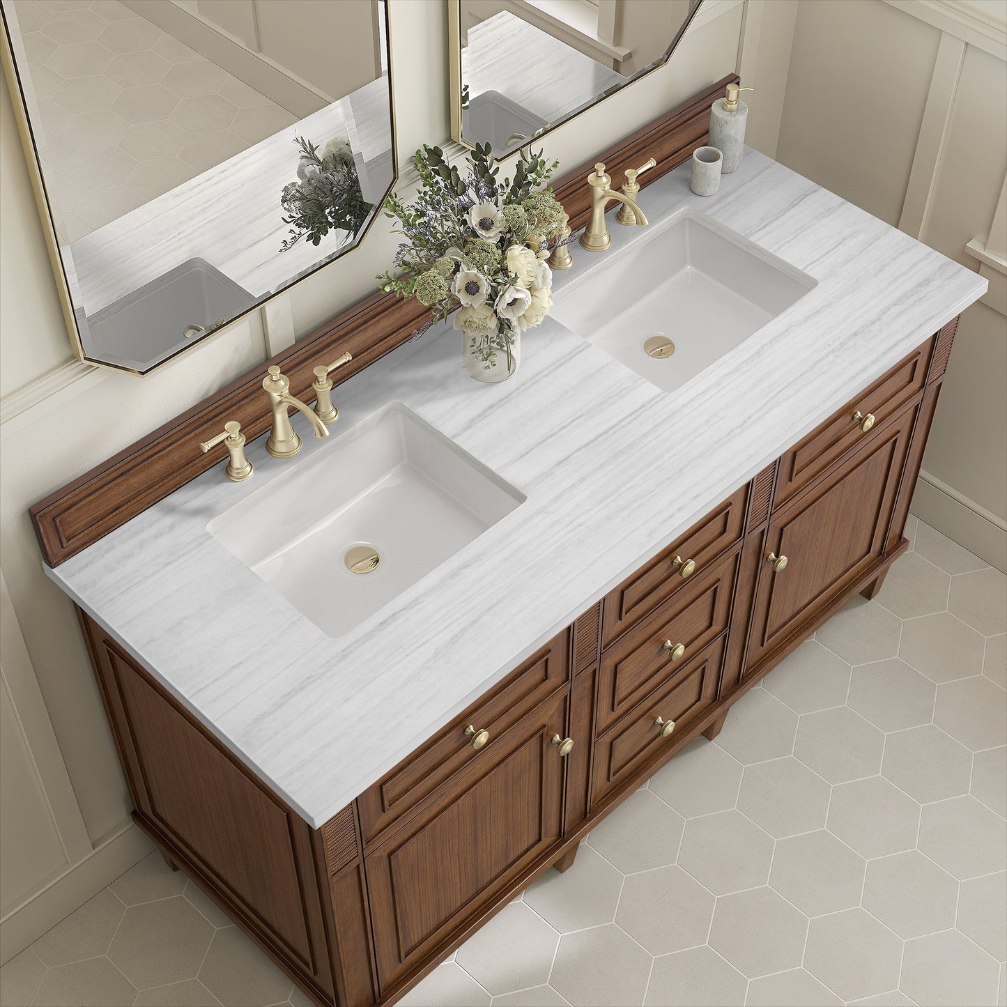 
                  
                    Lorelai 60" Double Vanity in Mid-Century Walnut James Martin Vanities Arctic Fall solid surface 
                  
                