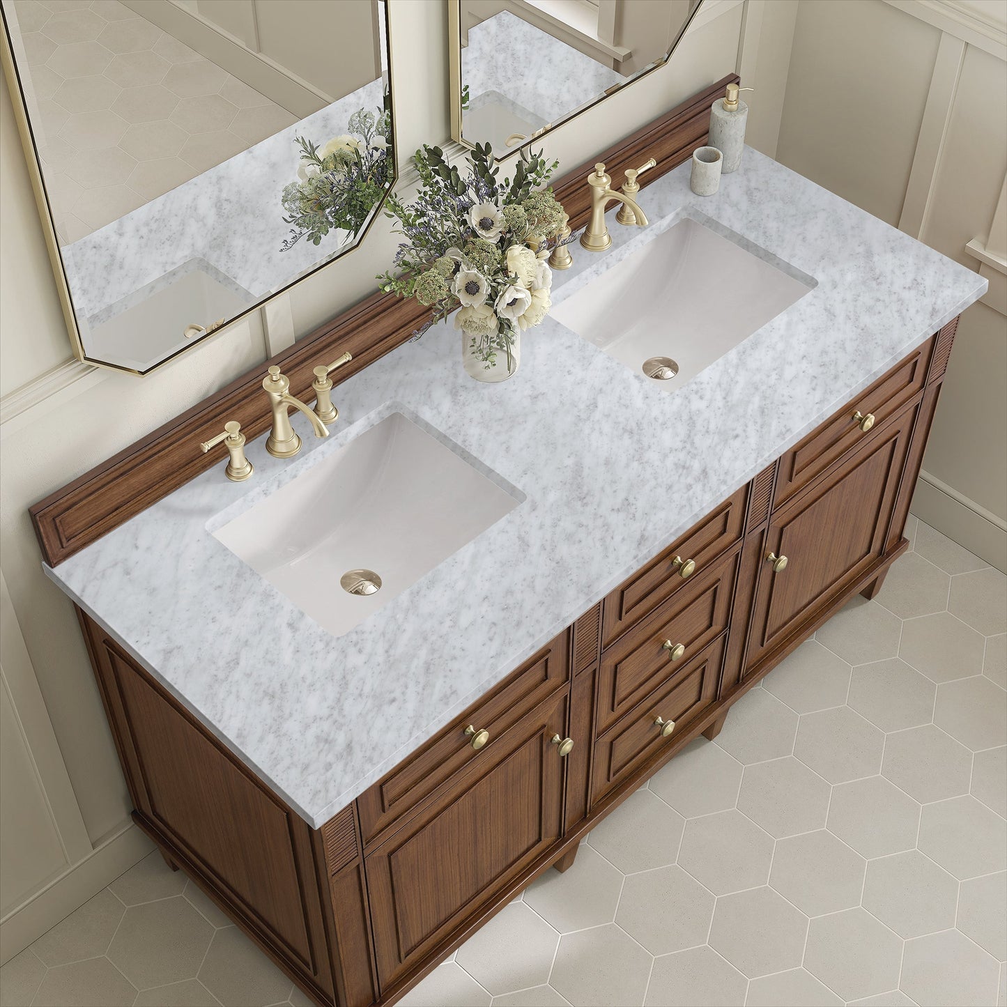 
                  
                    Lorelai 60" Double Vanity in Mid-Century Walnut James Martin Vanities Carrara White Marble 
                  
                