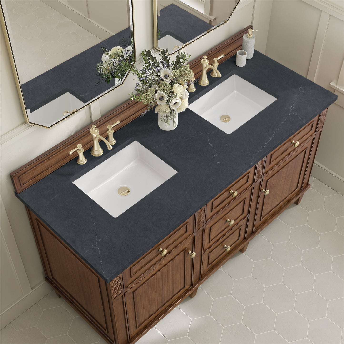 
                  
                    Lorelai 60" Double Vanity in Mid-Century Walnut James Martin Vanities Charcoal Soapstone Silestone 
                  
                