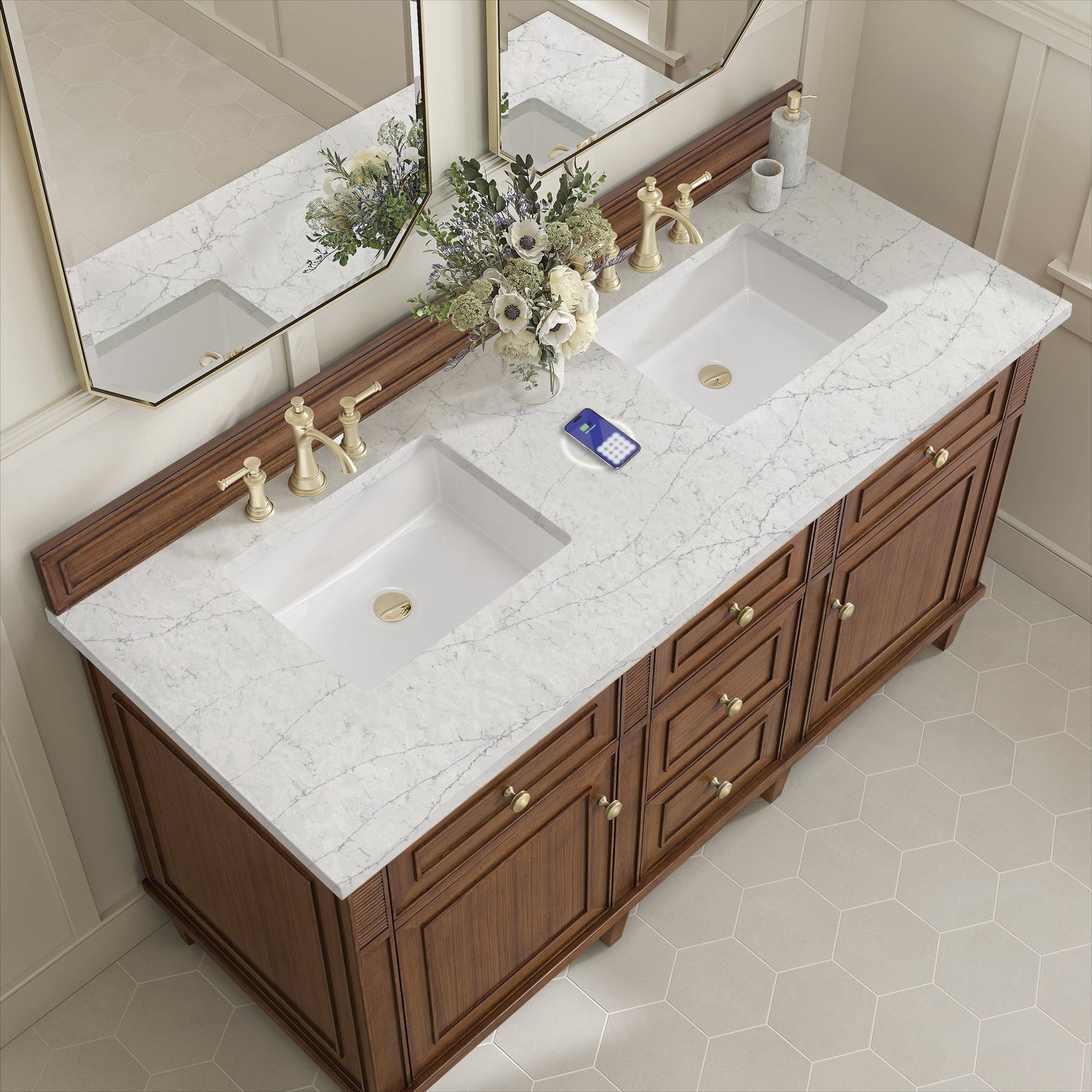 
                  
                    Lorelai 60" Double Vanity in Mid-Century Walnut James Martin Vanities FreePower-Enabled Eternal Jasmine Pearl Silestone 
                  
                