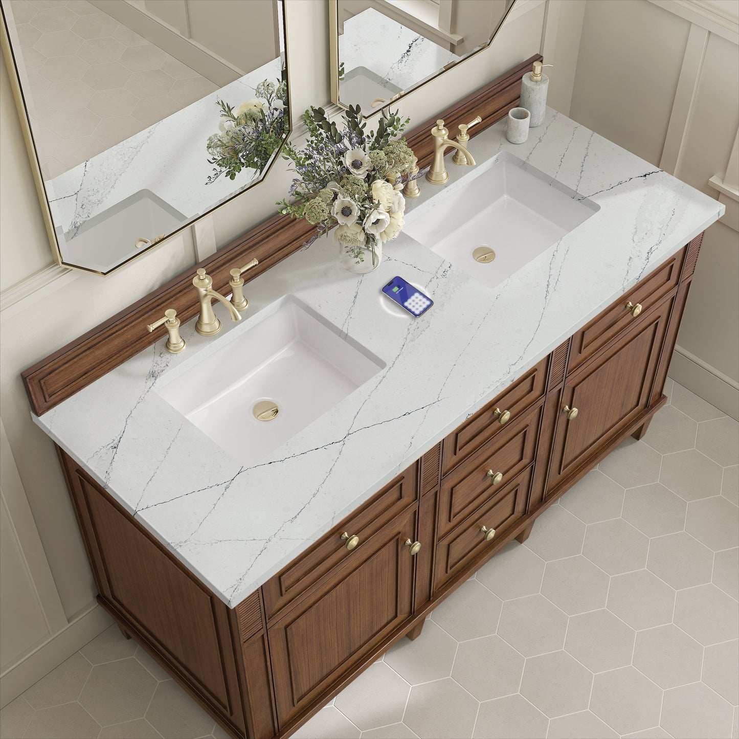 
                  
                    Lorelai 60" Double Vanity in Mid-Century Walnut James Martin Vanities FreePower-Enabled Ethereal Noctis Silestone 
                  
                