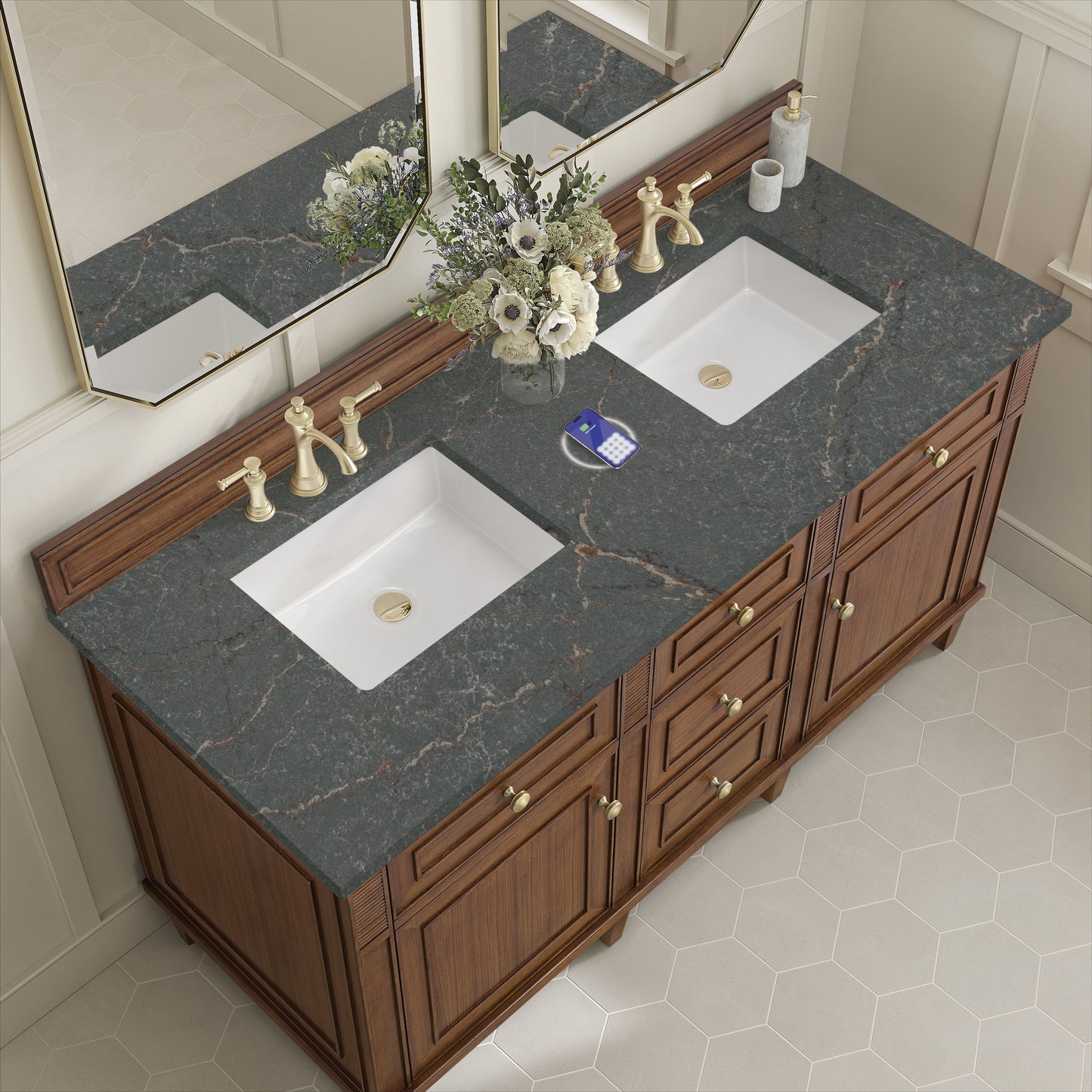 
                  
                    Lorelai 60" Double Vanity in Mid-Century Walnut James Martin Vanities FreePower-Enabled Parisien Bleu Silestone 
                  
                