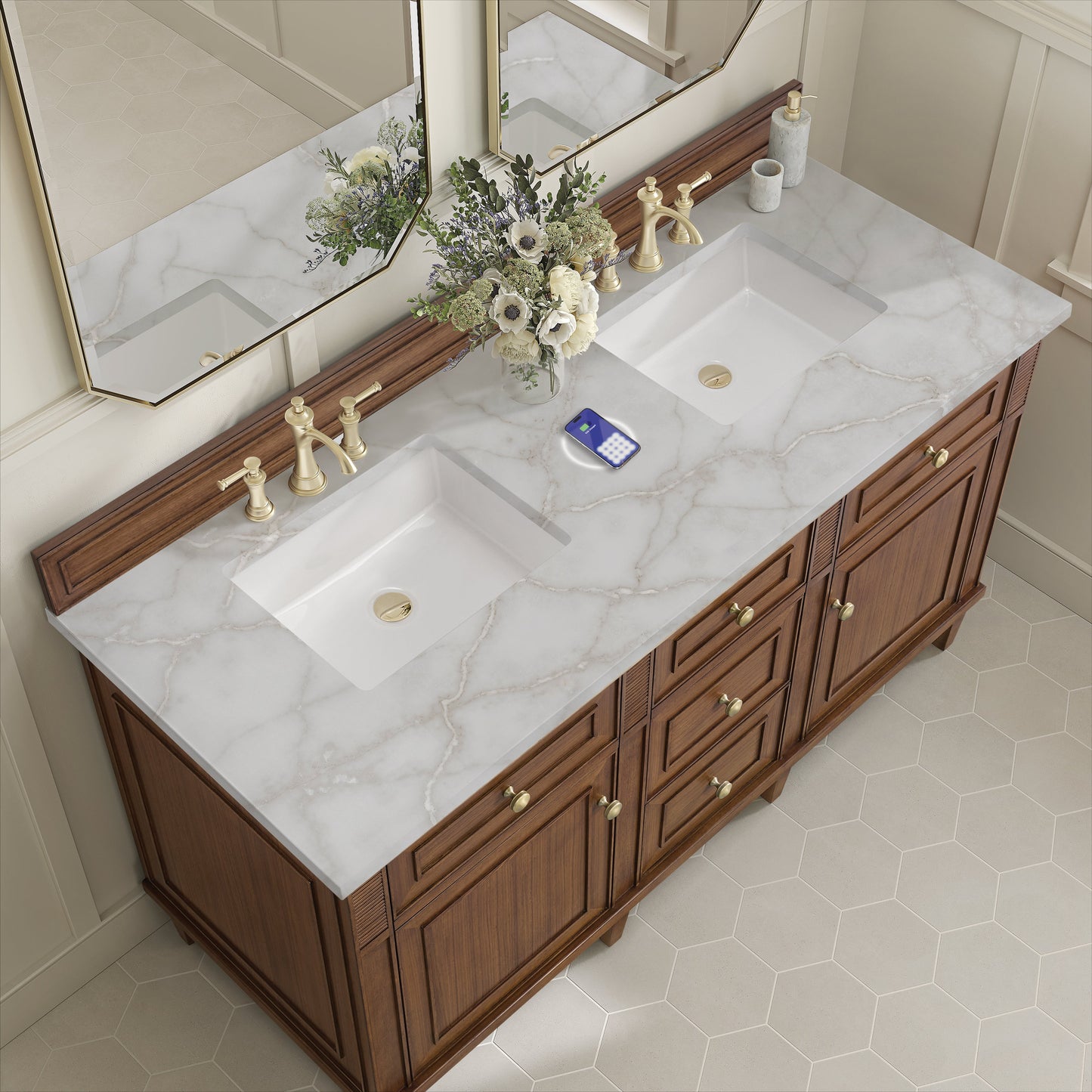 
                  
                    Lorelai 60" Double Vanity in Mid-Century Walnut James Martin Vanities FreePower-Enabled Victorian Silver Silestone 
                  
                