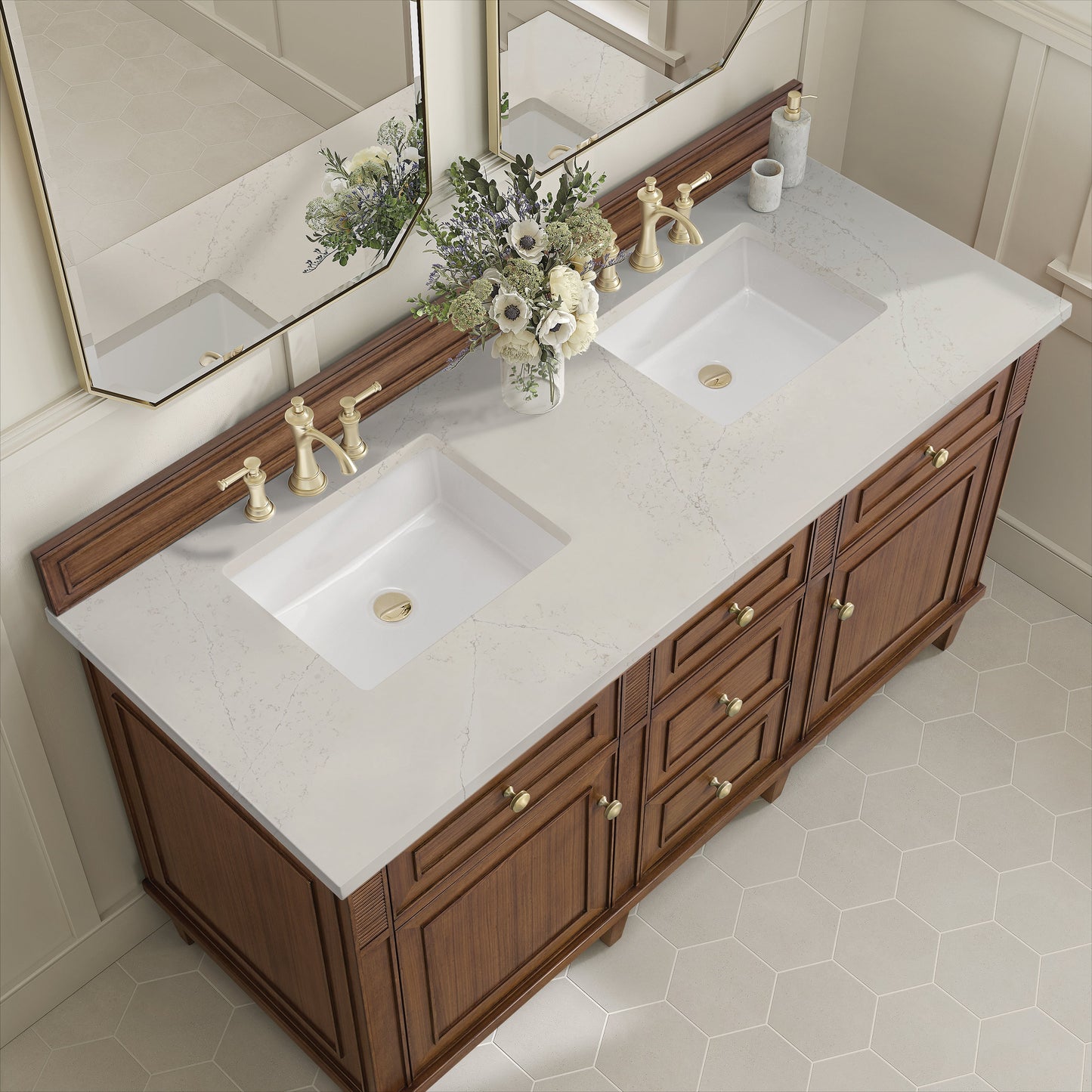 
                  
                    Lorelai 60" Double Vanity in Mid-Century Walnut James Martin Vanities Siberian Silestone 
                  
                