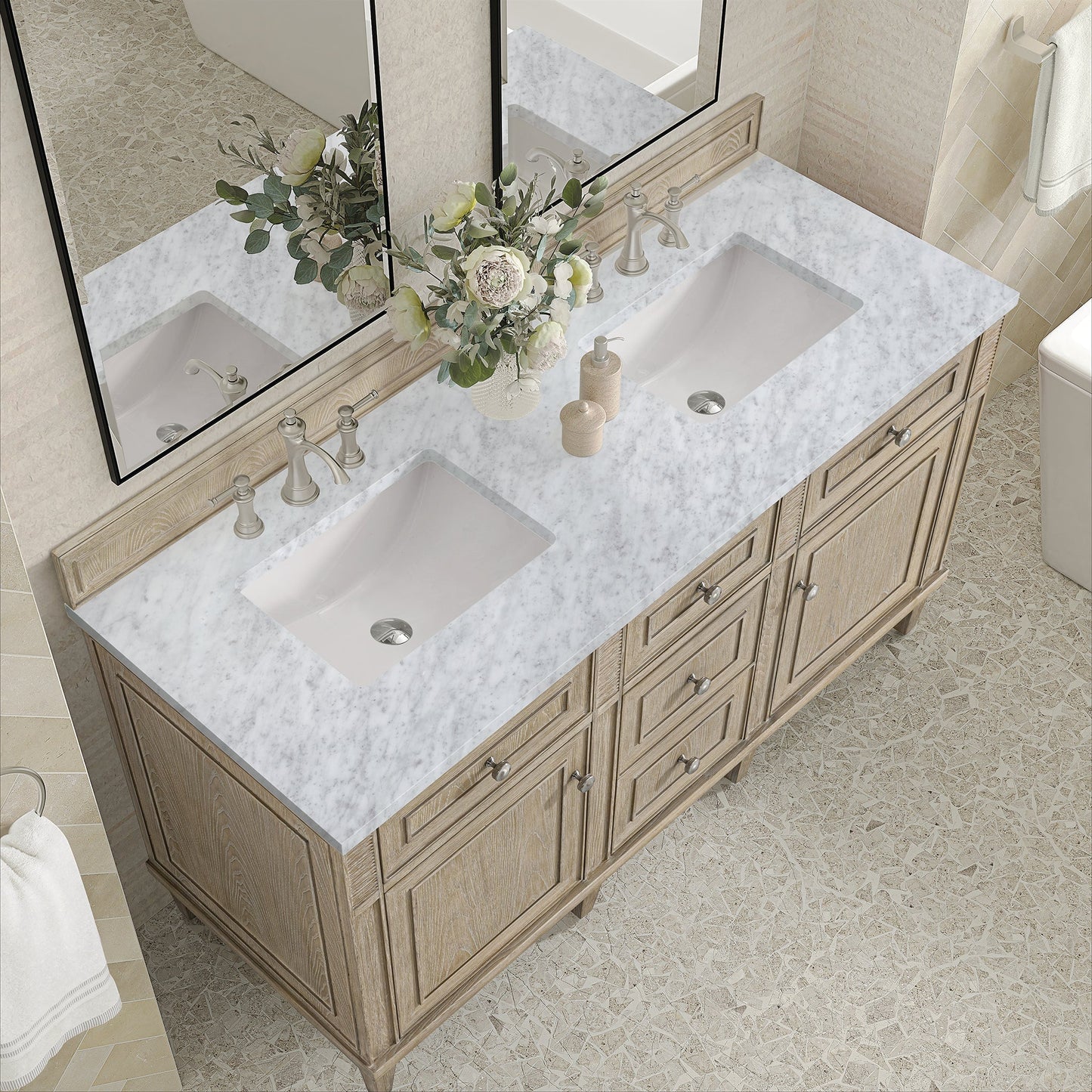 
                  
                    Lorelai 60" Double Vanity in Whitewashed Oak James Martin Vanities Carrara White Marble 
                  
                