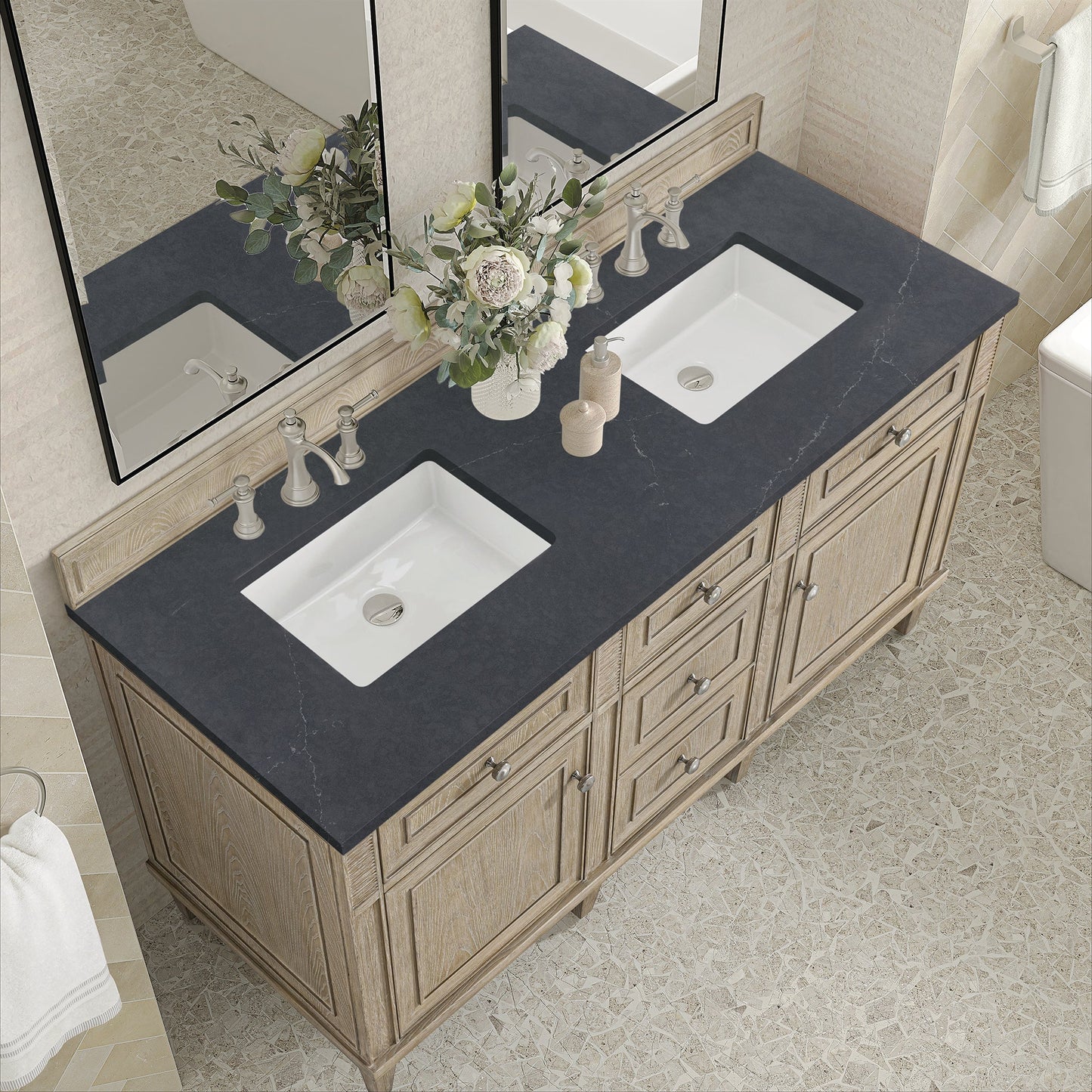 
                  
                    Lorelai 60" Double Vanity in Whitewashed Oak James Martin Vanities Charcoal Soapstone Silestone 
                  
                