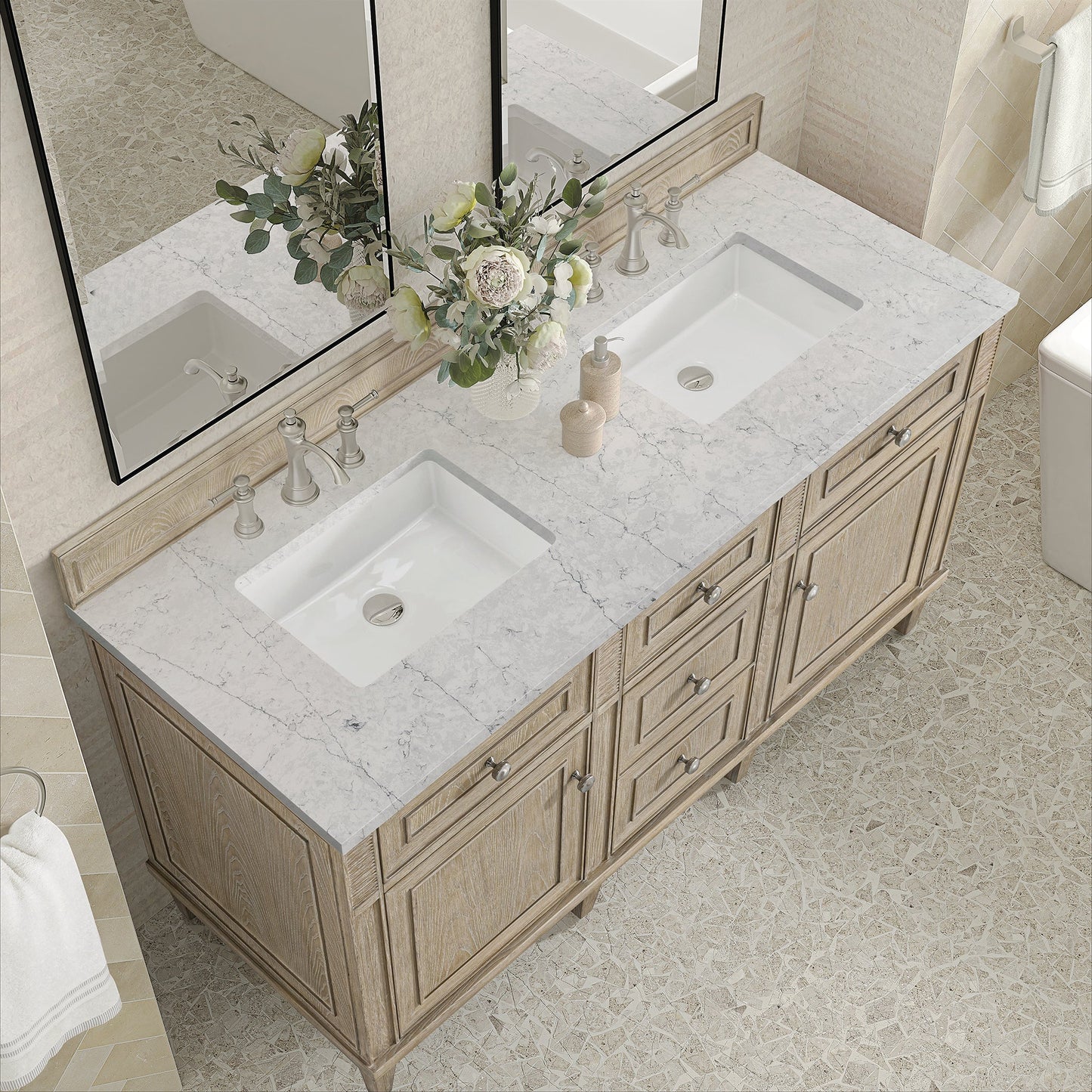 
                  
                    Lorelai 60" Double Vanity in Whitewashed Oak James Martin Vanities Eternal Jasmine Pearl Silestone 
                  
                