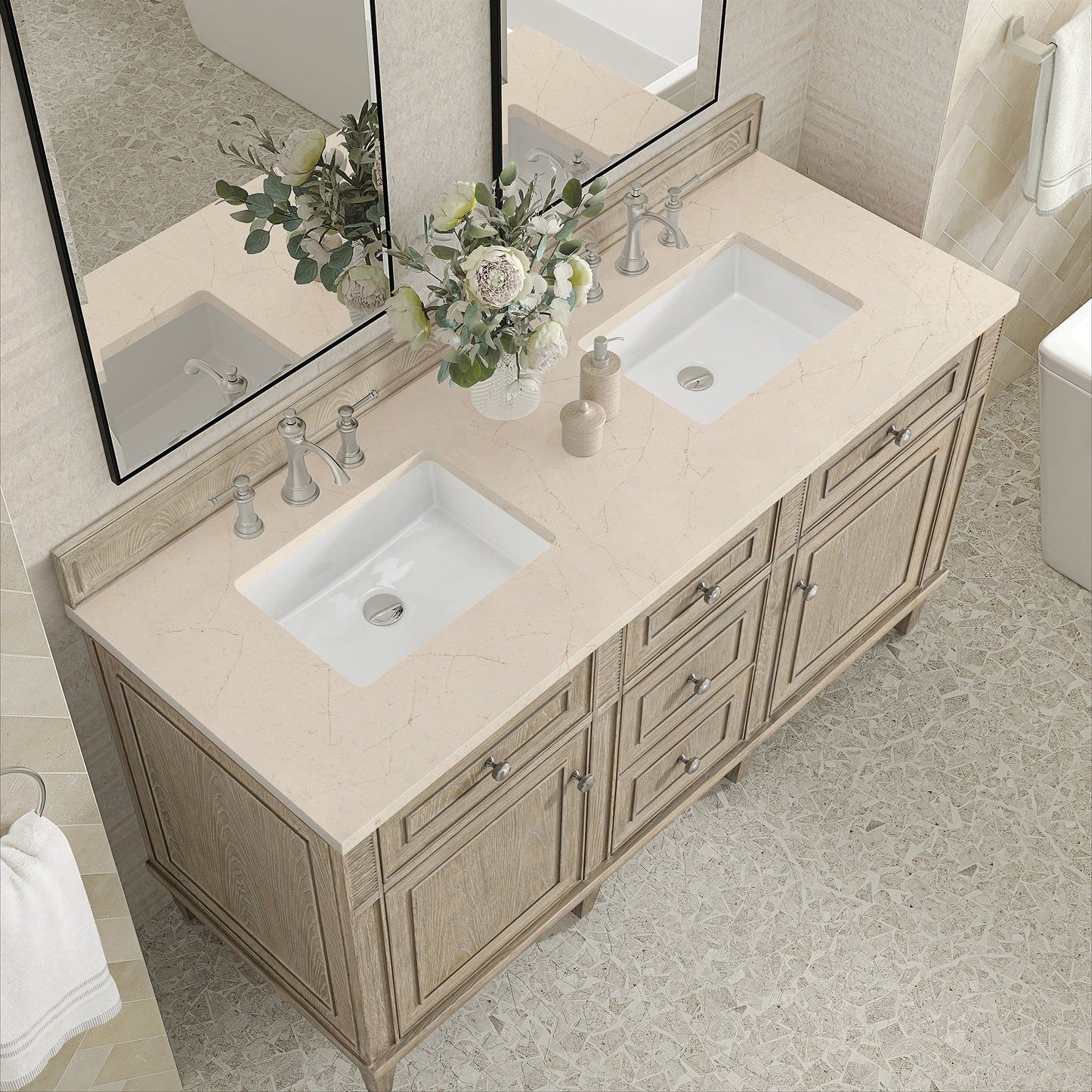 
                  
                    Lorelai 60" Double Vanity in Whitewashed Oak James Martin Vanities Eternal Marfil Silestone 
                  
                