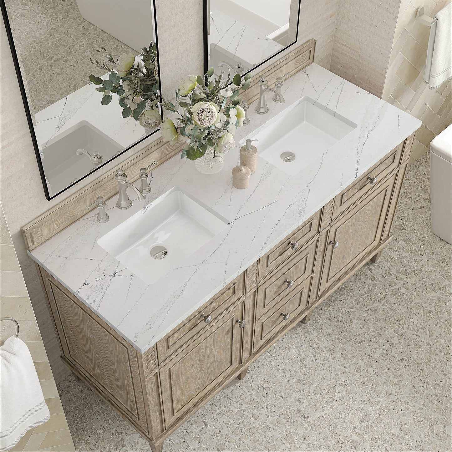 
                  
                    Lorelai 60" Double Vanity in Whitewashed Oak James Martin Vanities Ethereal Noctis Silestone 
                  
                