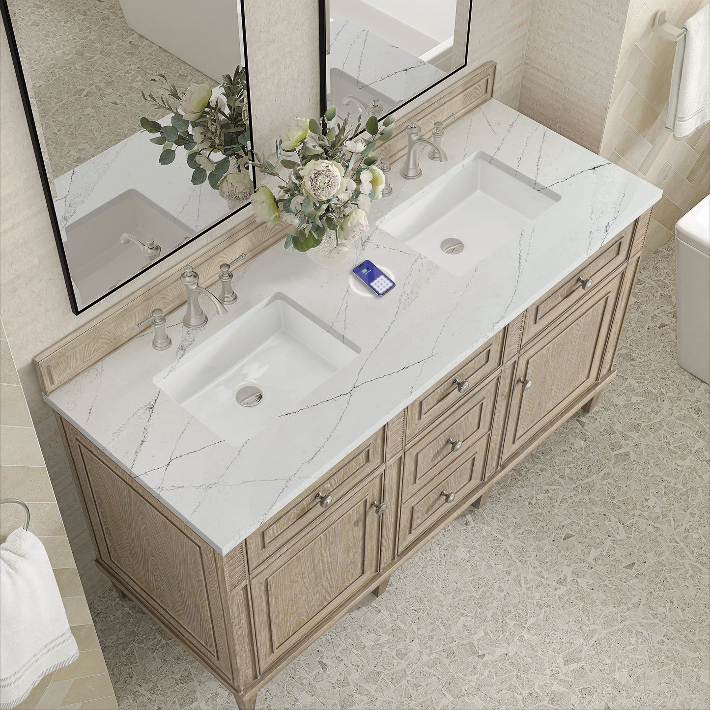 
                  
                    Lorelai 60" Double Vanity in Whitewashed Oak James Martin Vanities FreePower-Enabled Ethereal Noctis Silestone 
                  
                
