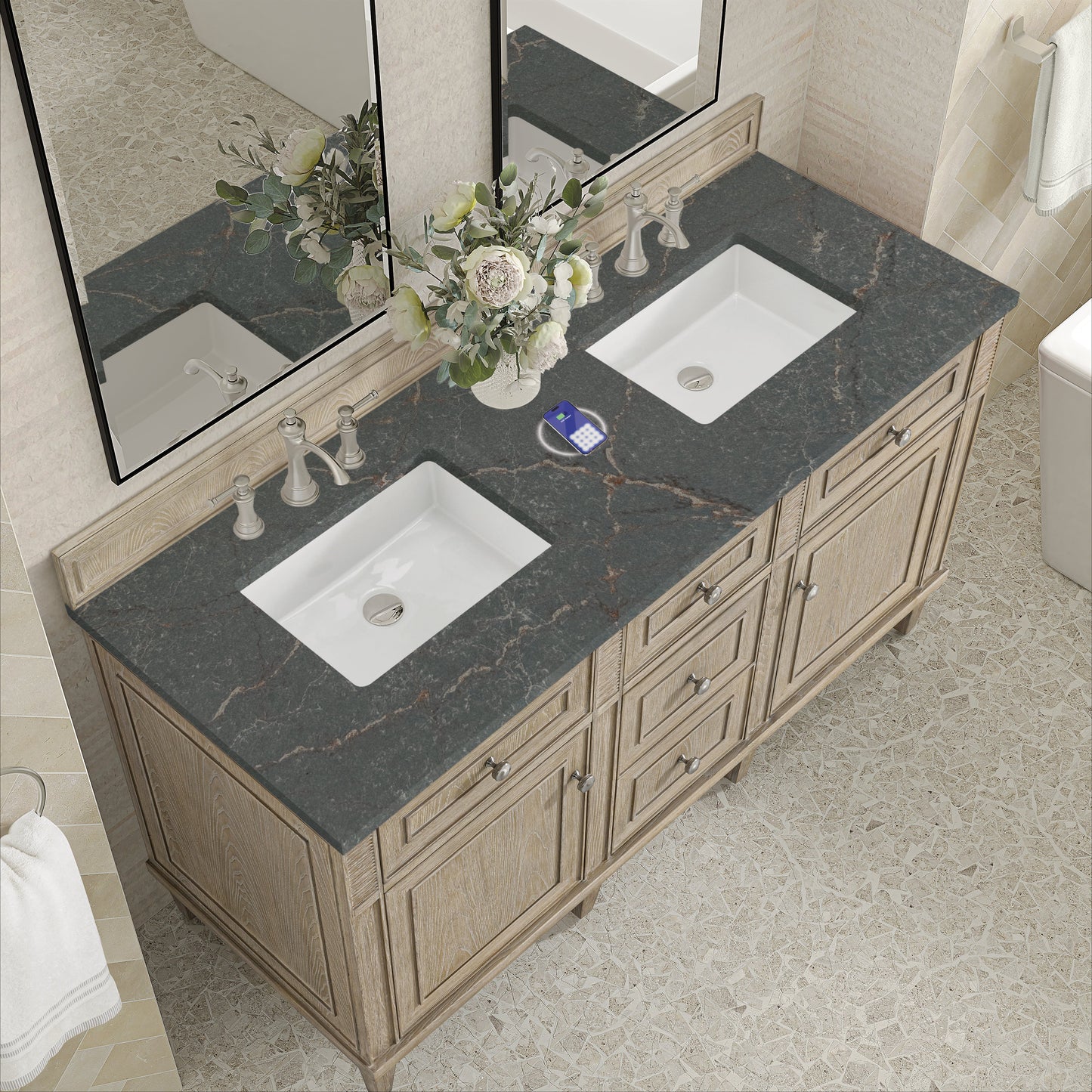 
                  
                    Lorelai 60" Double Vanity in Whitewashed Oak James Martin Vanities FreePower-Enabled Parisien Bleu Silestone 
                  
                