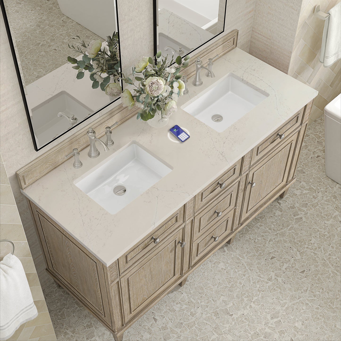 
                  
                    Lorelai 60" Double Vanity in Whitewashed Oak James Martin Vanities FreePower-Enabled Siberian Silestone 
                  
                