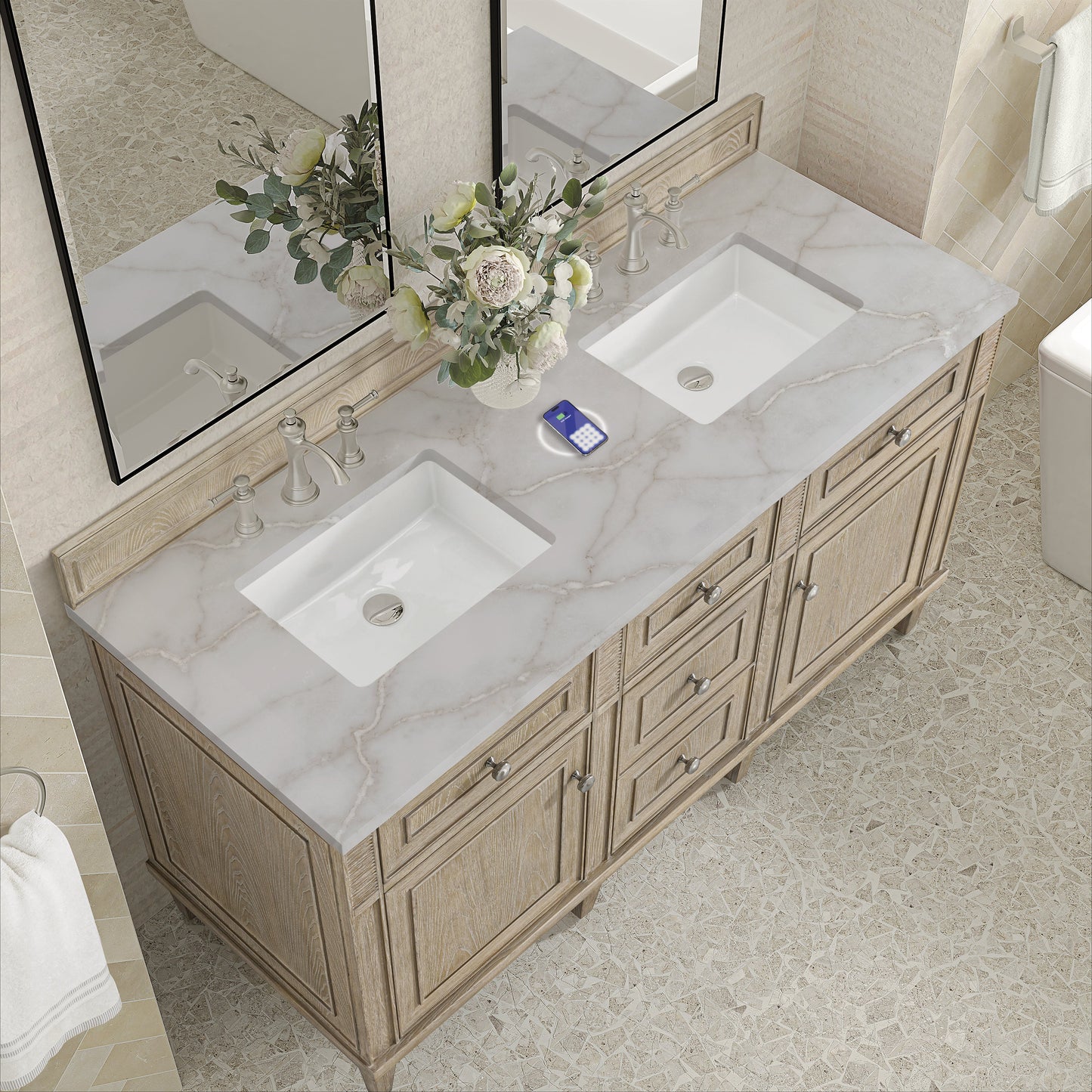 
                  
                    Lorelai 60" Double Vanity in Whitewashed Oak James Martin Vanities FreePower-Enabled Victorian Silver Silestone 
                  
                
