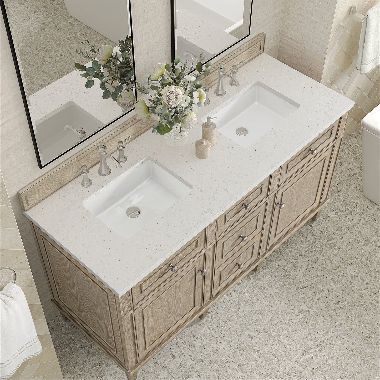 
                  
                    Lorelai 60" Double Vanity in Whitewashed Oak James Martin Vanities Lime Delight Silestone 
                  
                
