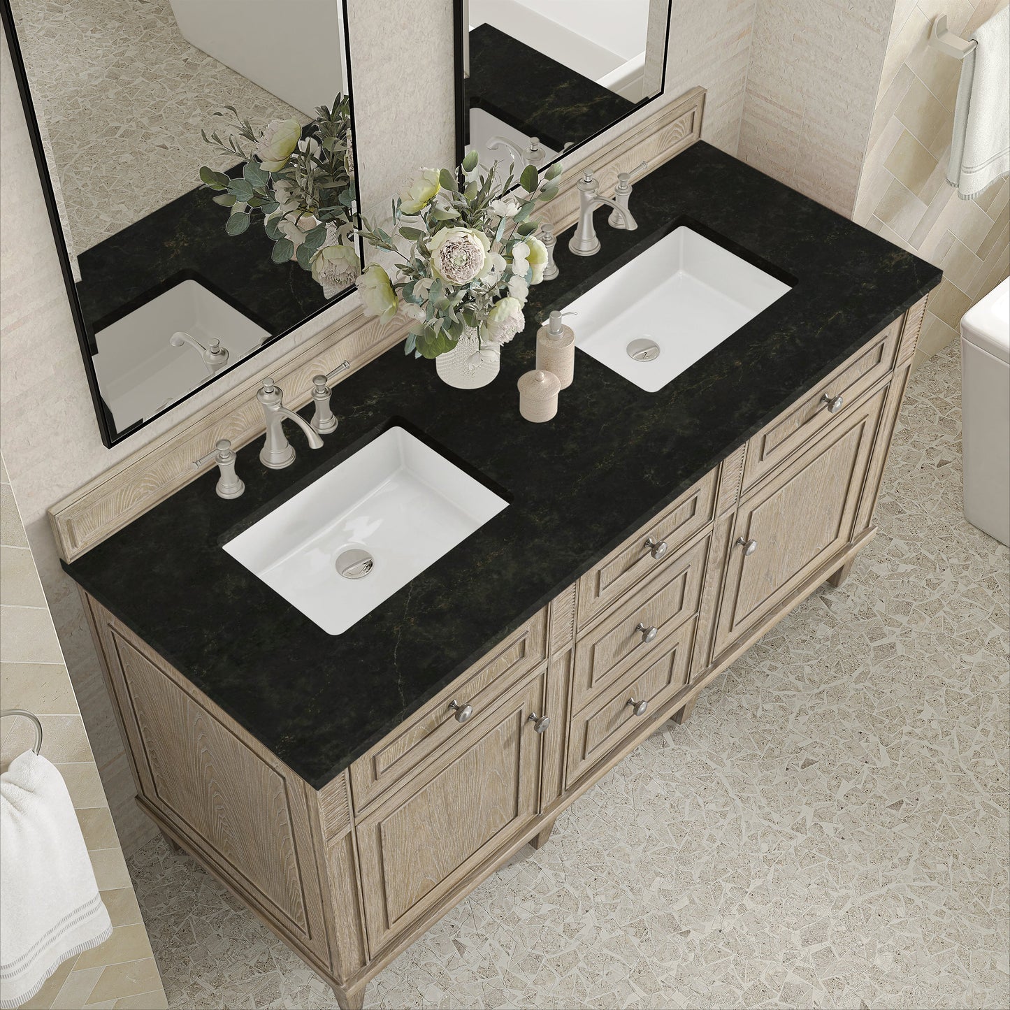 
                  
                    Lorelai 60" Double Vanity in Whitewashed Oak James Martin Vanities Phantome Eclos 
                  
                